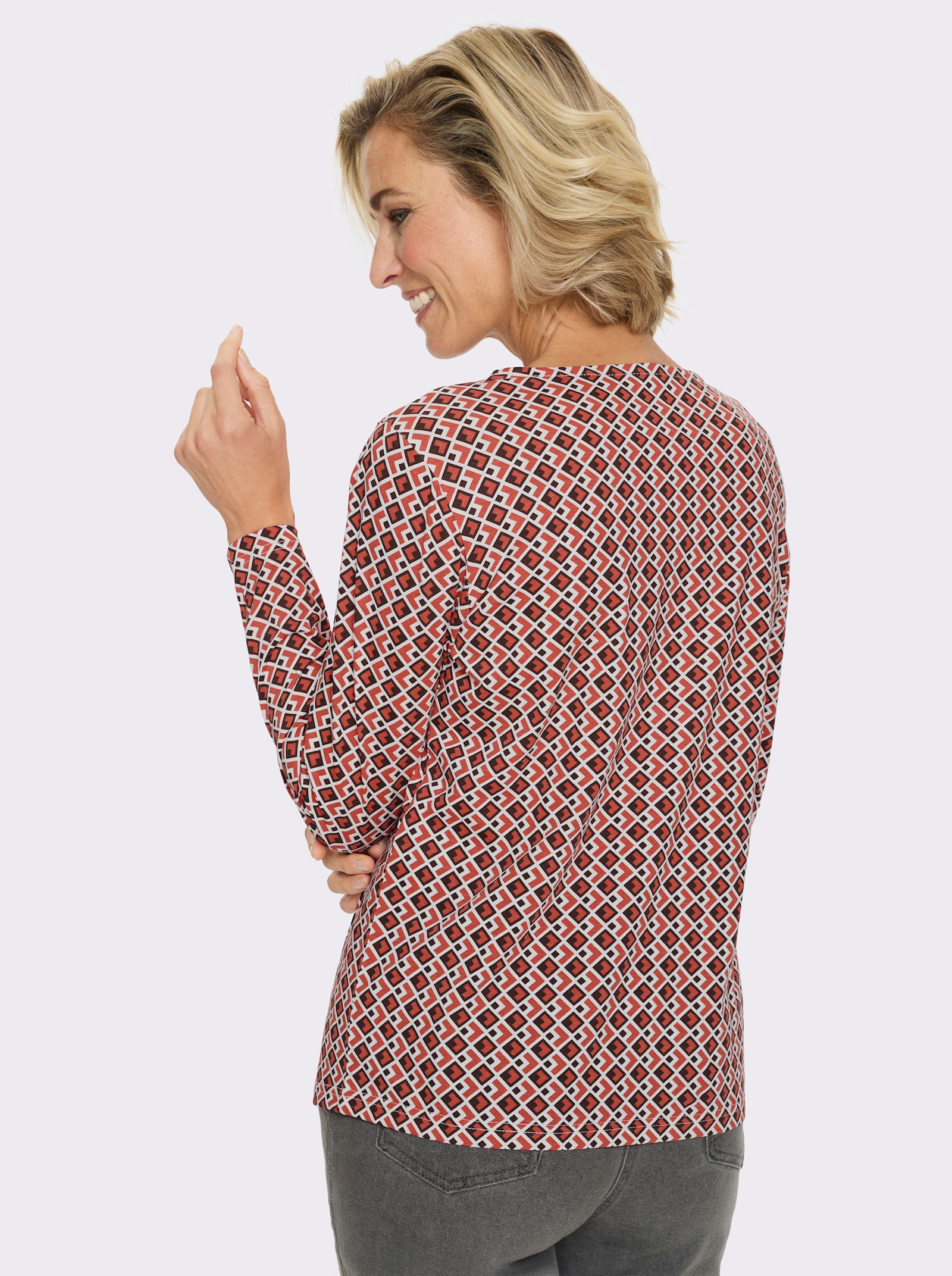 Shirt met lange mouwen en minimalistisch patroon, katoen - choco/roestrood bedrukt