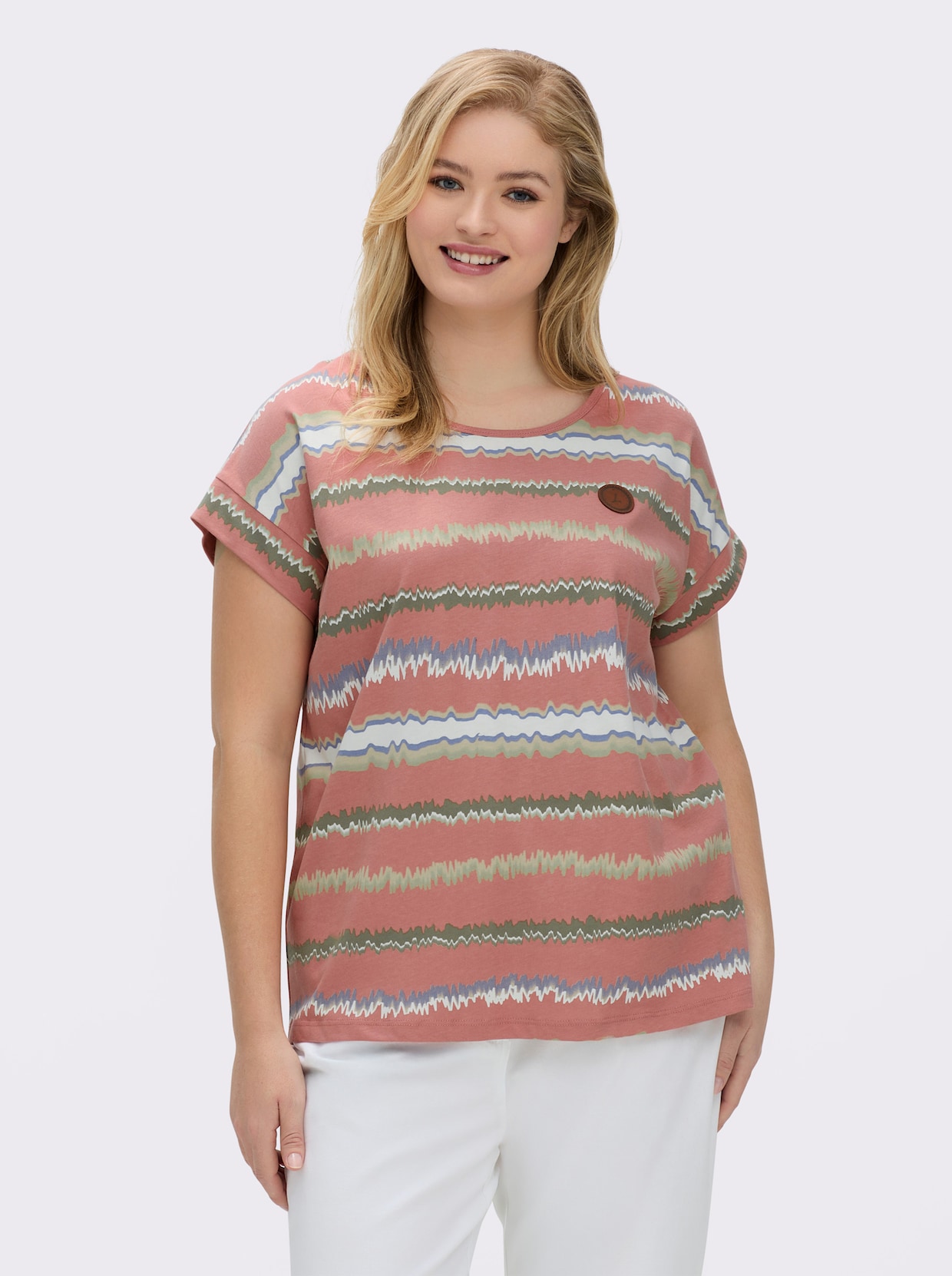 Print-Shirt mit Ziernähten, geringelt - rosenholz-ecru-bedruckt