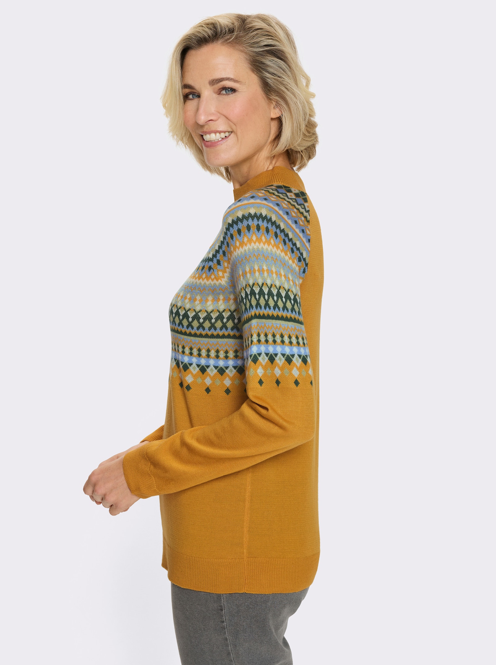 Norwegerpullover mit Raglan-Ärmeln - ocker-lindgrün-gemustert