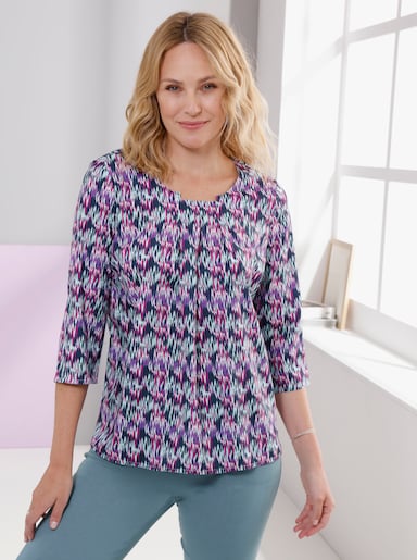 Schlupfbluse mit Falten am Ausschnitt - mint-marine-bedruckt