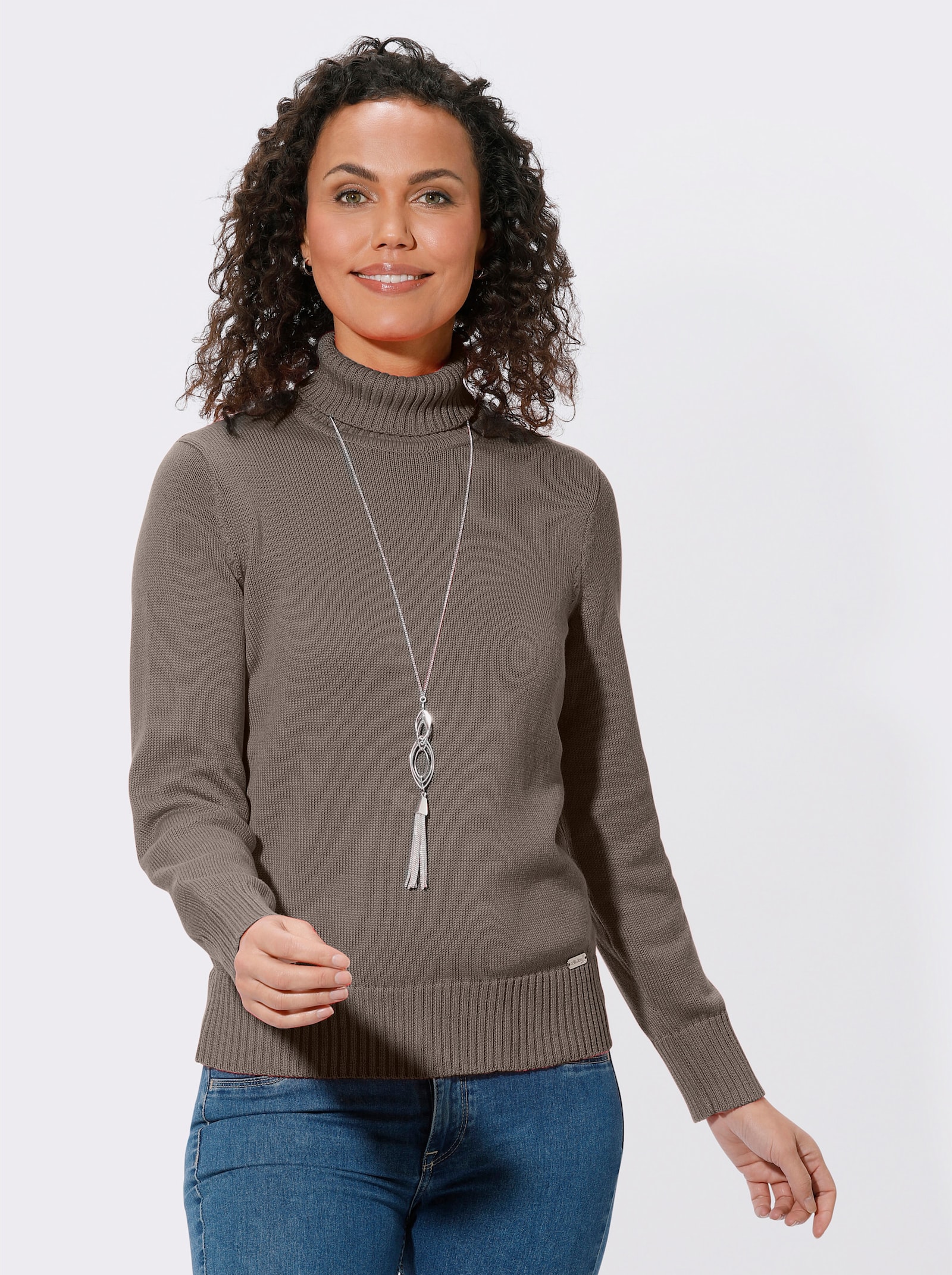 Rollkragenpullover im Baumwoll-Mix - taupe-meliert