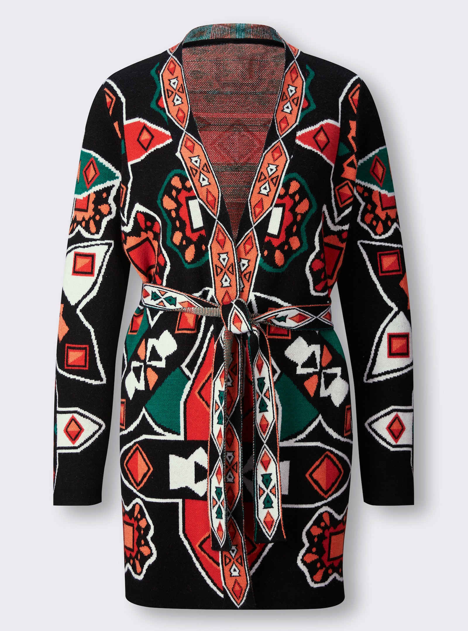 heine Jacquardstrickjacke mit abnehmbarem Bindegürtel - schwarz-papaya-gemustert