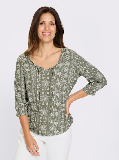 Schlupfbluse - khaki-ecru-bedruckt