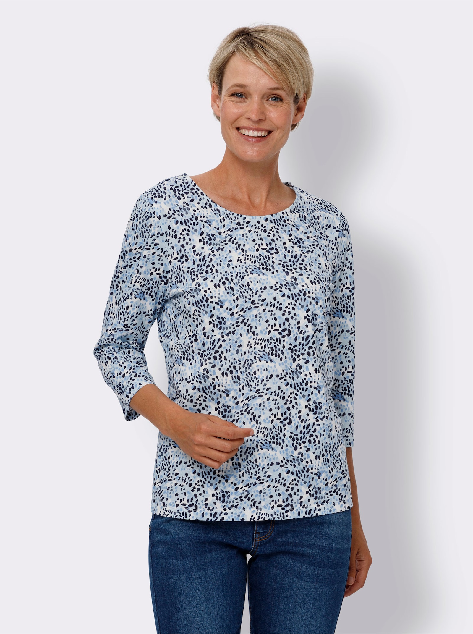 Shirt met 3/4-mouwen van puur katoen - ecru/hemels blauw bedrukt
