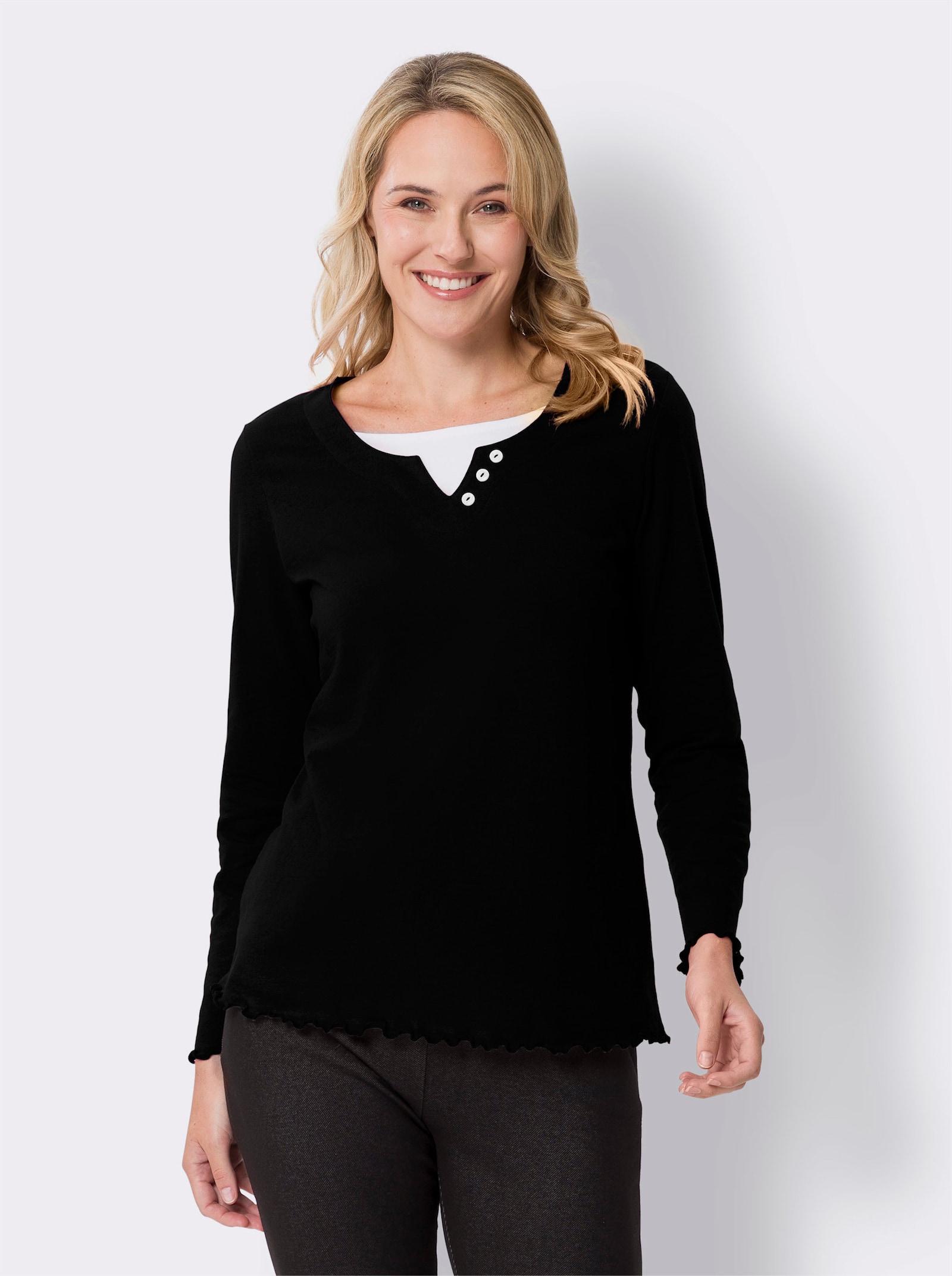 2-in-1-shirt met lange mouwen en golvende boorden - zwart/wit