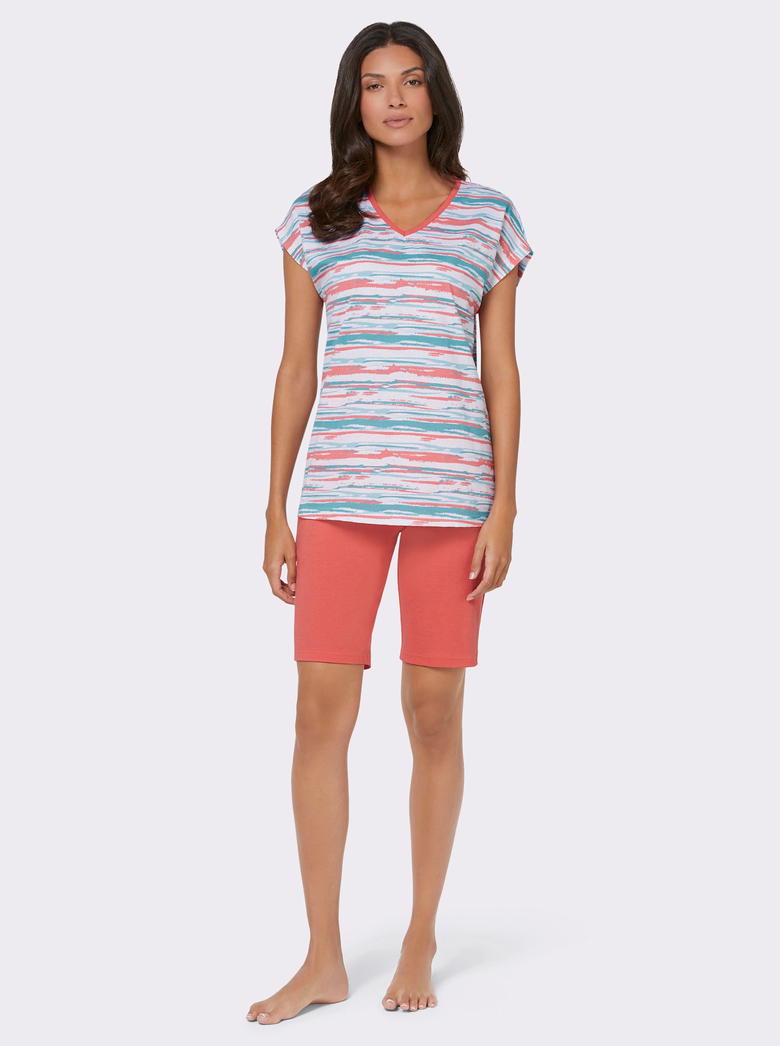 Kortärmad pyjamas i enkelstickad trikå - gräddvit-korall