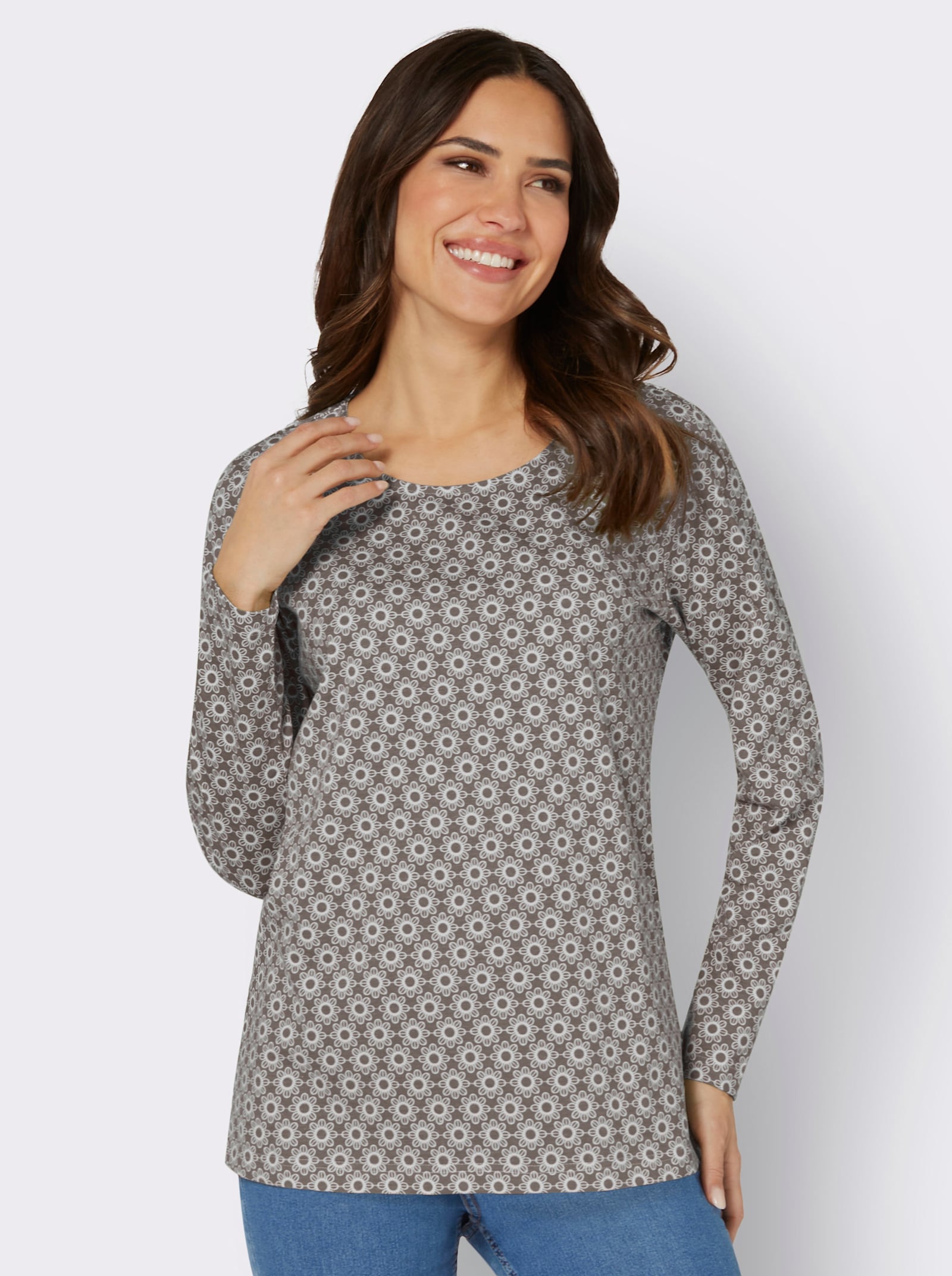 Langarmshirt im Minimal-Dessin - taupe-ecru-bedruckt