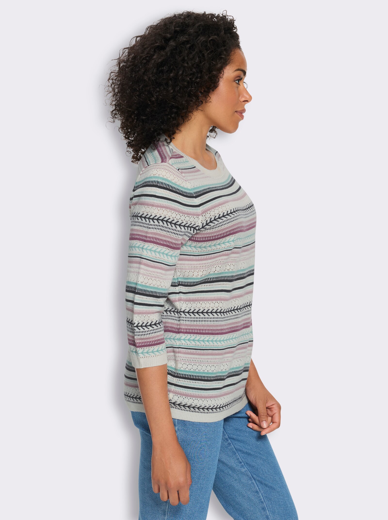 Ajourpullover im Ringel-Dessin - ecru-mauve-geringelt