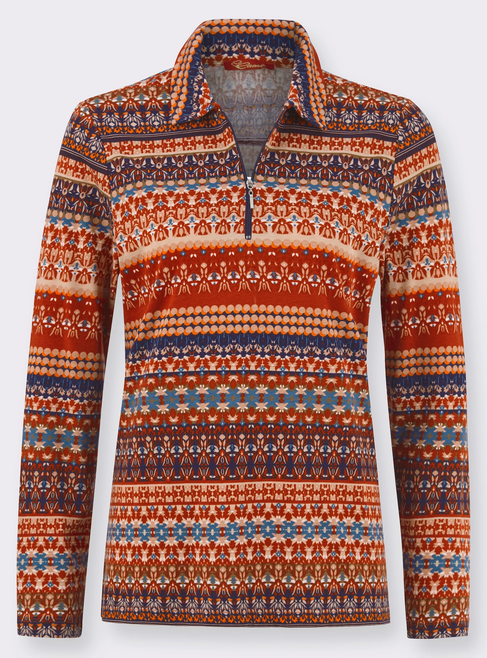 Langarmshirt mit kurzem Reißverschluss - rostrot-rauchblau-gemustert