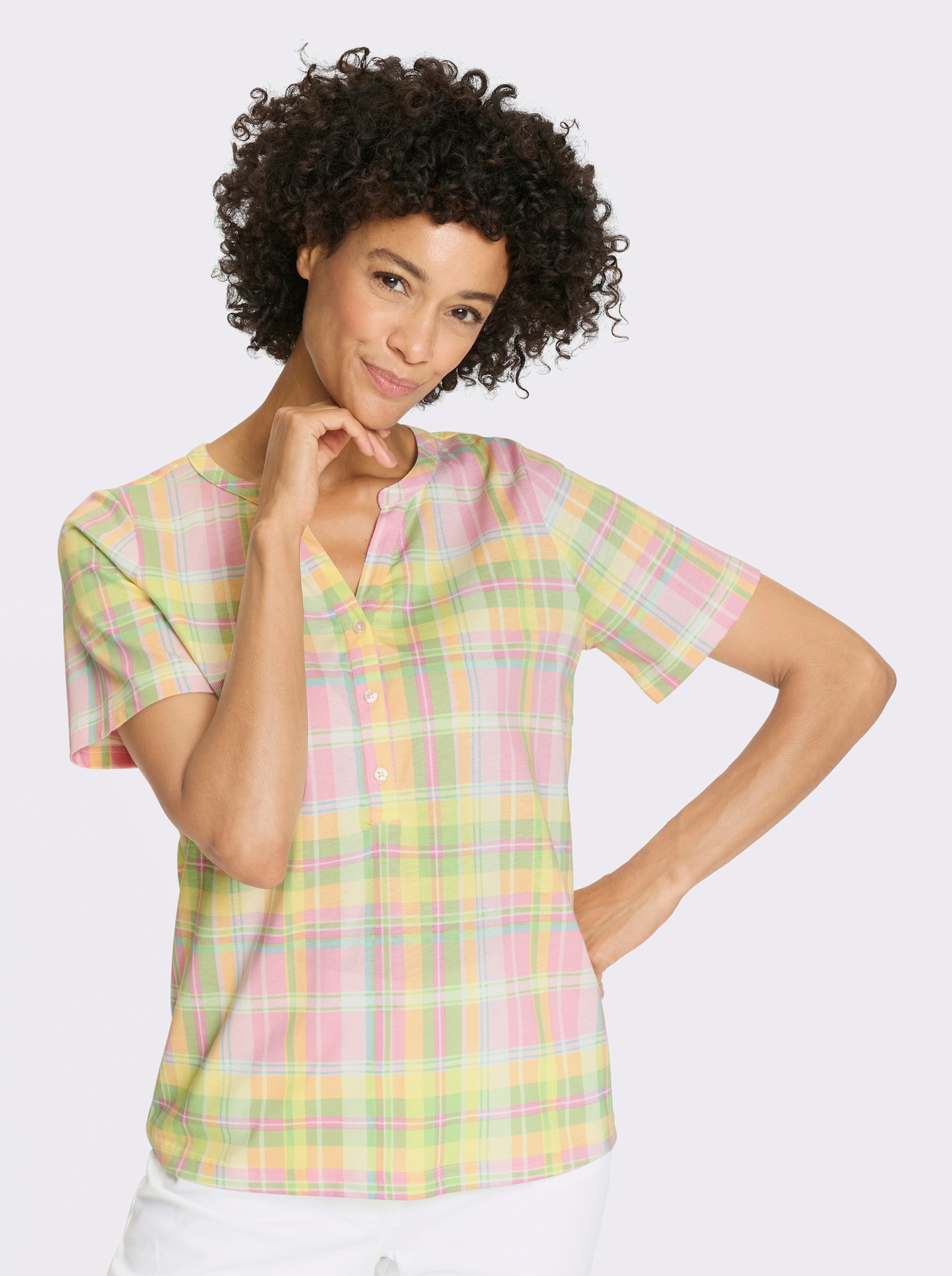 Kurzarmshirt im Karo-Print allover - zitrone-rosé-kariert