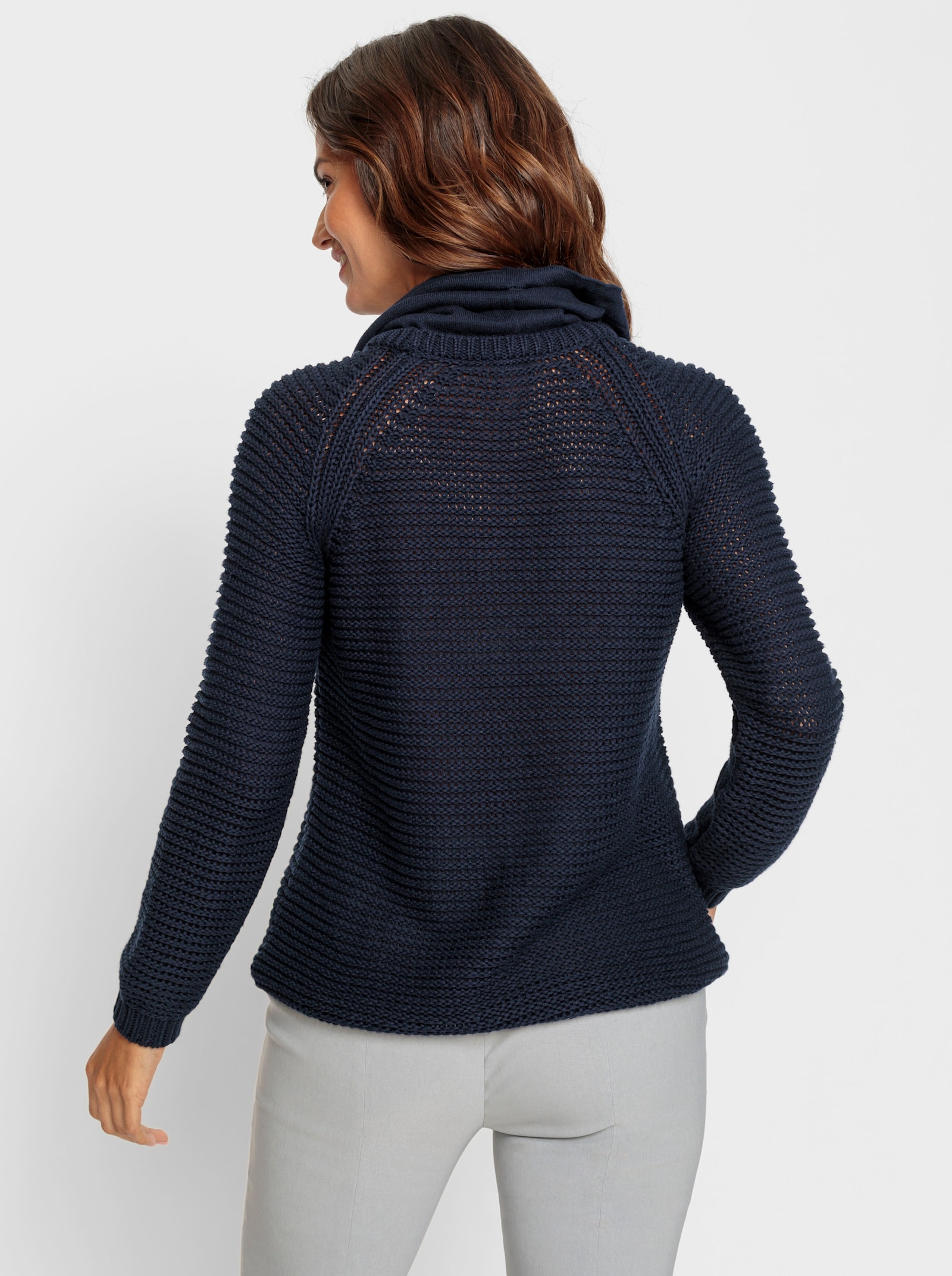 Pullover met rolkraag, tunnelkoord en bindstrik - marine