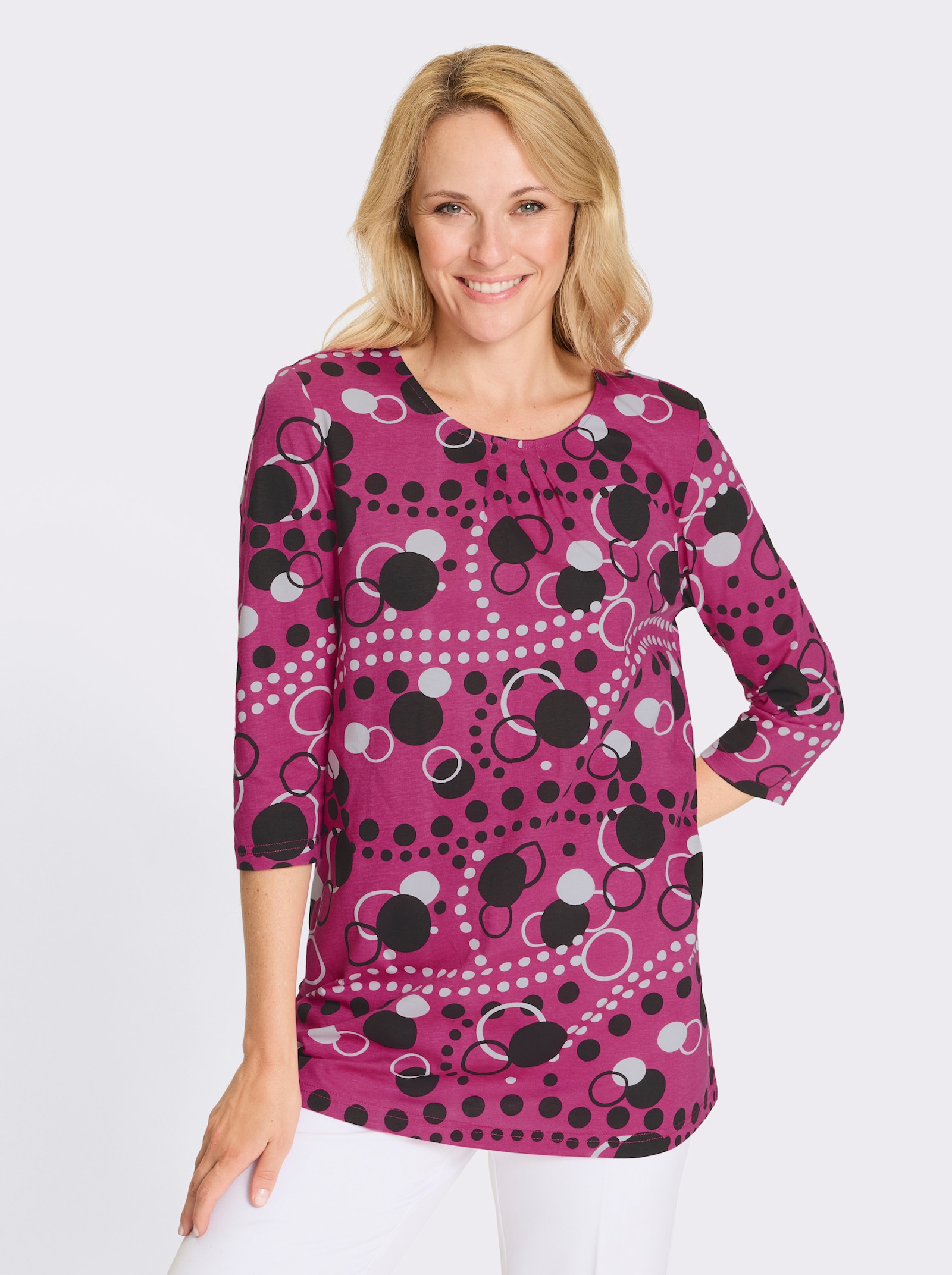 Dlhé tričko, jemne rozšírený strih - fuchsiovo-čierna potlač