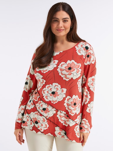 sheego T-shirt long avec ourlet asymétrique - fraise-corail imprimé