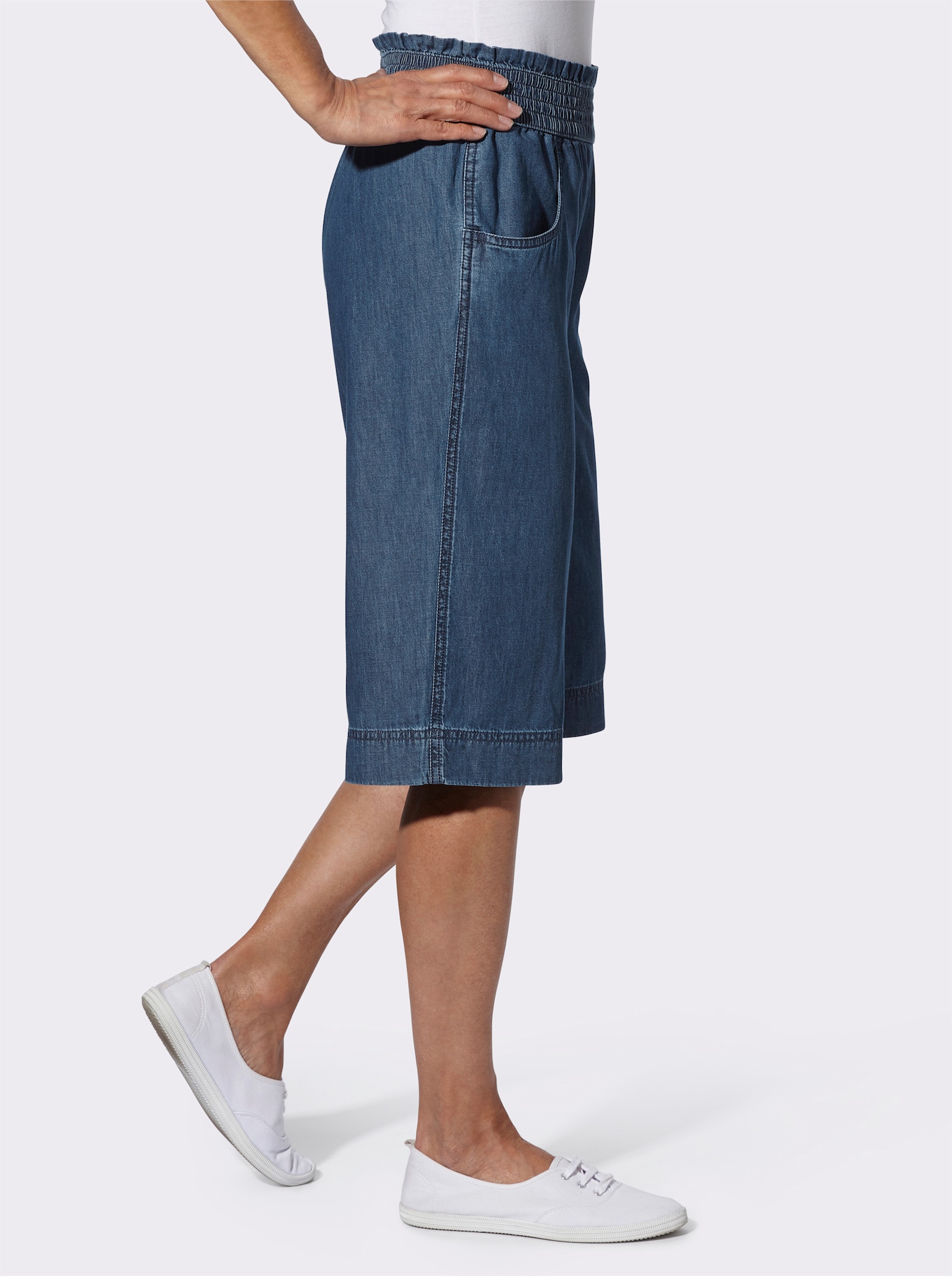 Jeansbermudas mit gesmoktem Dehnbund - blue-stone-washed