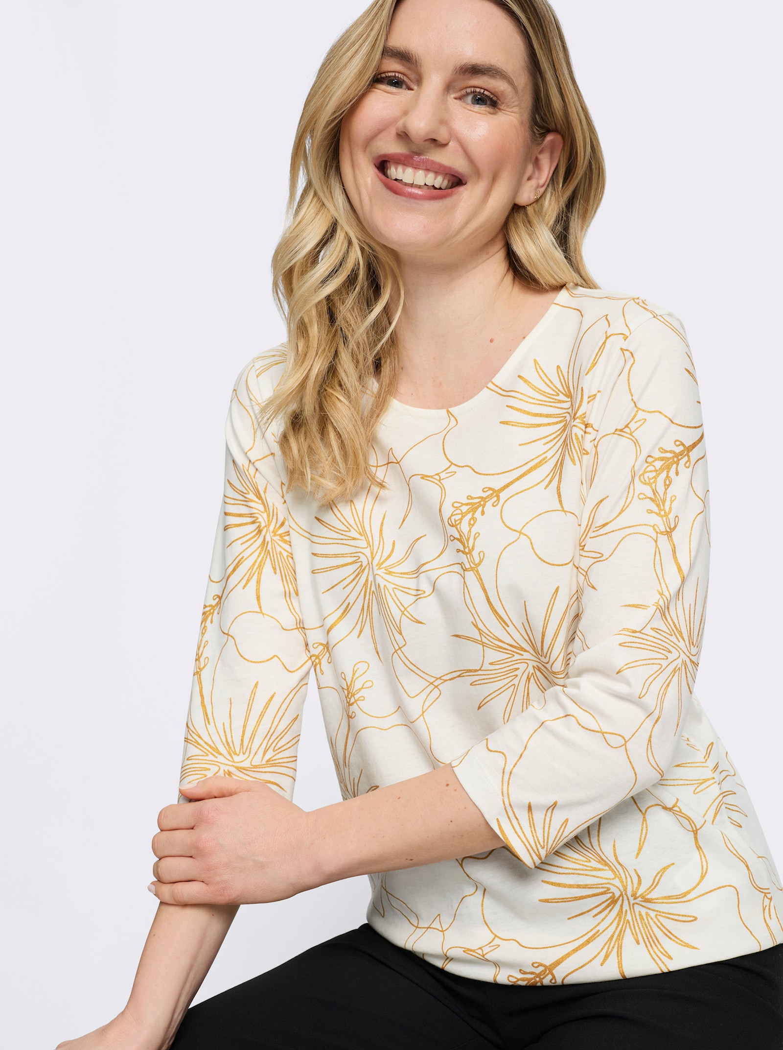 3/4-Arm-Shirt mit goldfarbenem Blütendruck - ecru-goldfarben-bedruckt
