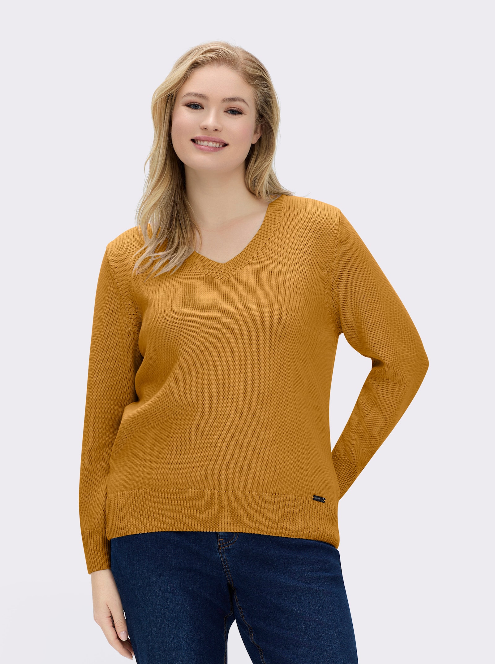 V-Ausschnitt-Pullover mit Baumwolle - maisgelb