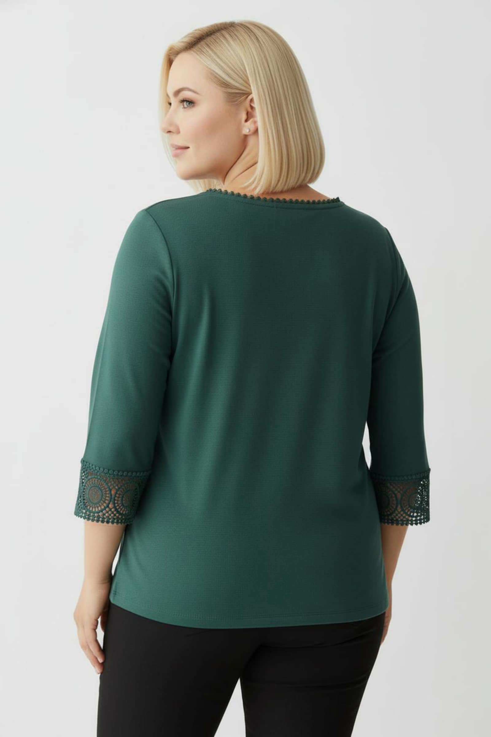 CREATION L PREMIUM 3/4-Arm-Shirt mit Spitzenbordüre an Ausschnitt und Ärmeln - dunkelgrün