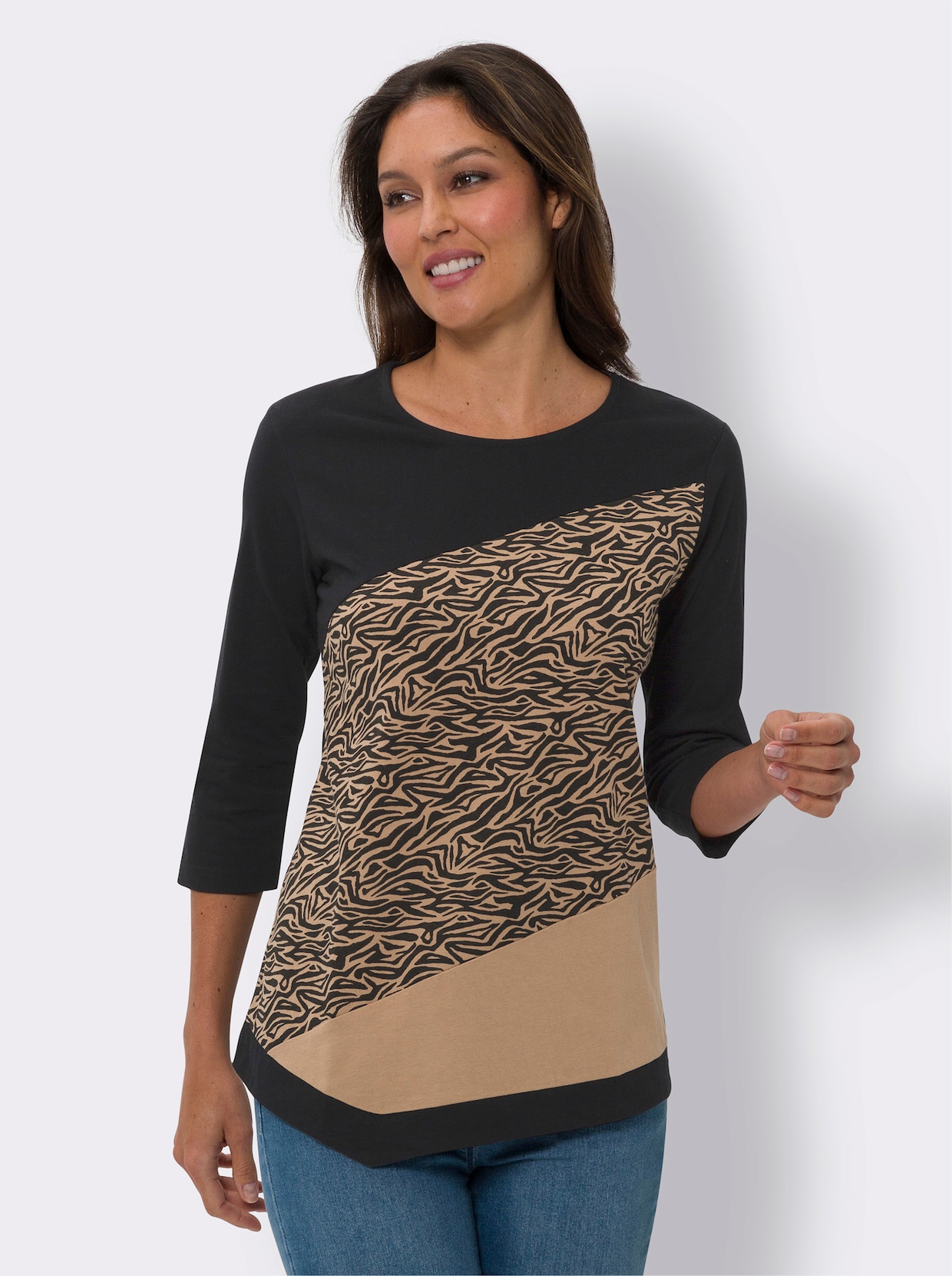 3/4-Arm-Shirt - schwarz-camel-bedruckt