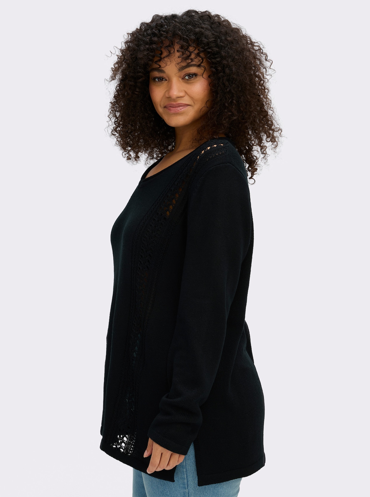 sheego Ajourpullover mit Zopfmuster-Details - schwarz