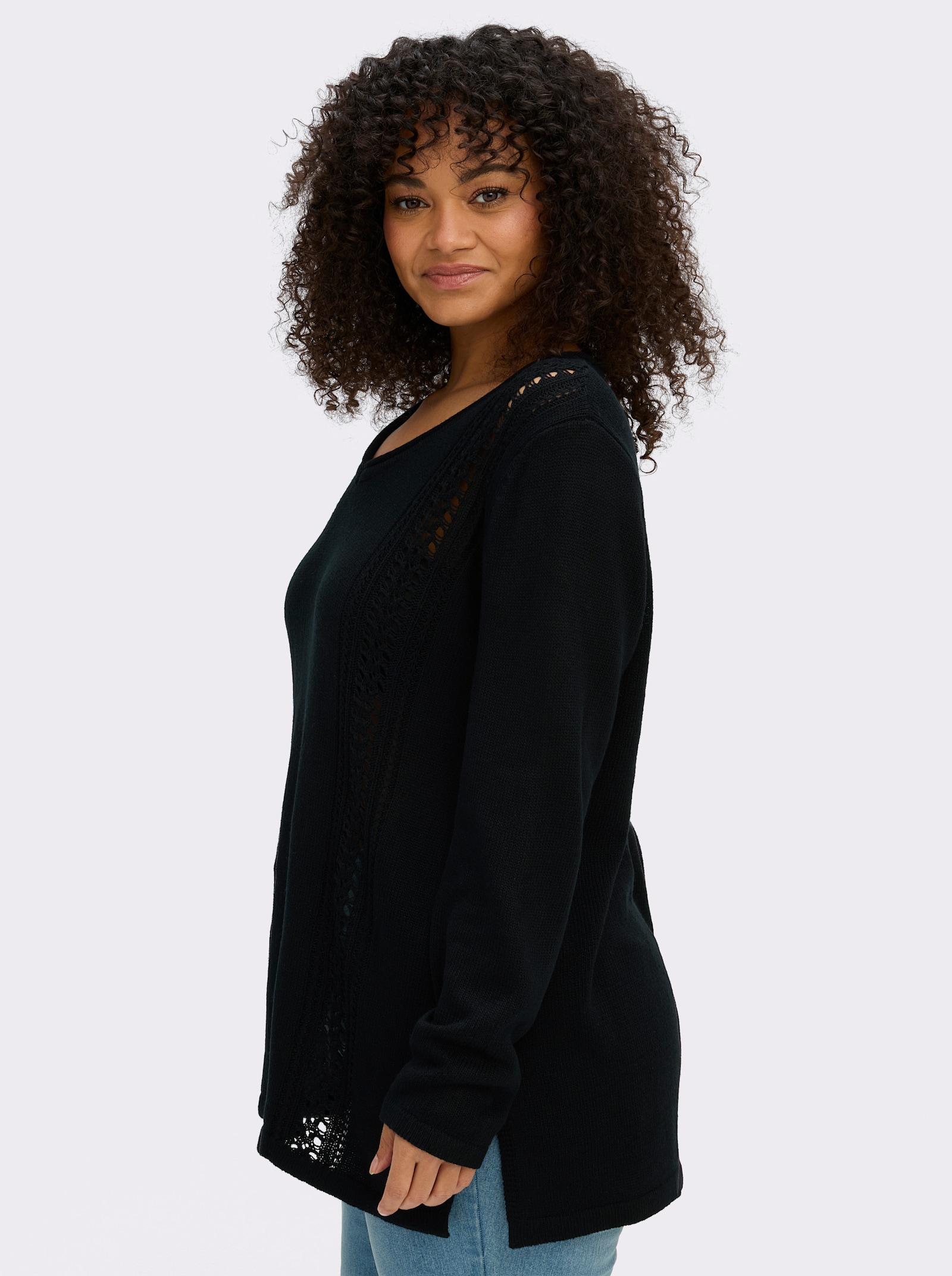 sheego Ajourpullover met details met kabelpatroon - zwart