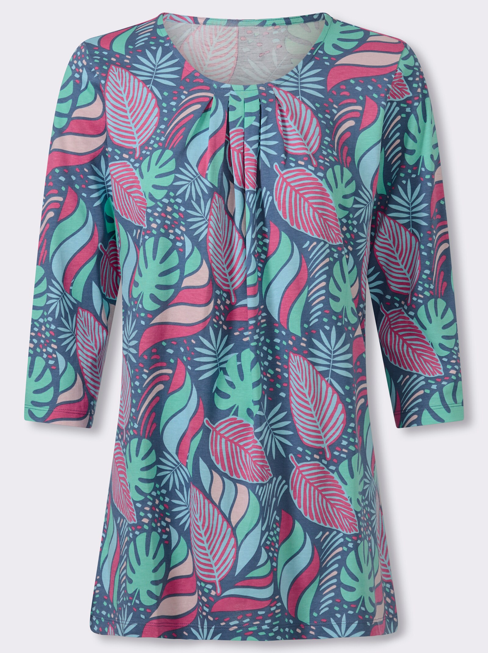 Longshirt in ausgestellter A-Linie - jeansblau-fuchsia-bedruckt