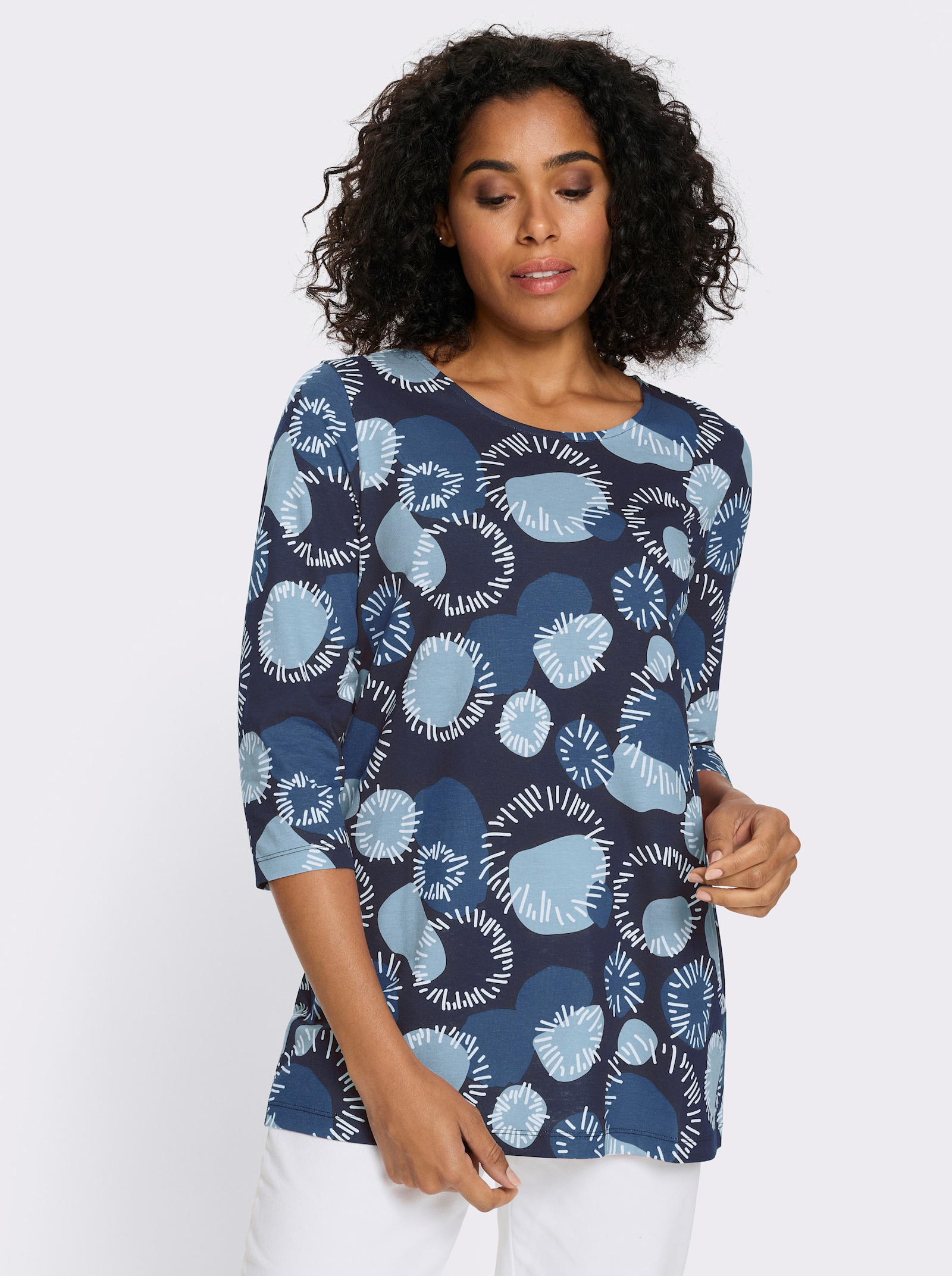 Lang shirt met 3/4-mouwen, katoen - ijsblauw-jeans-blauw-bedrukt