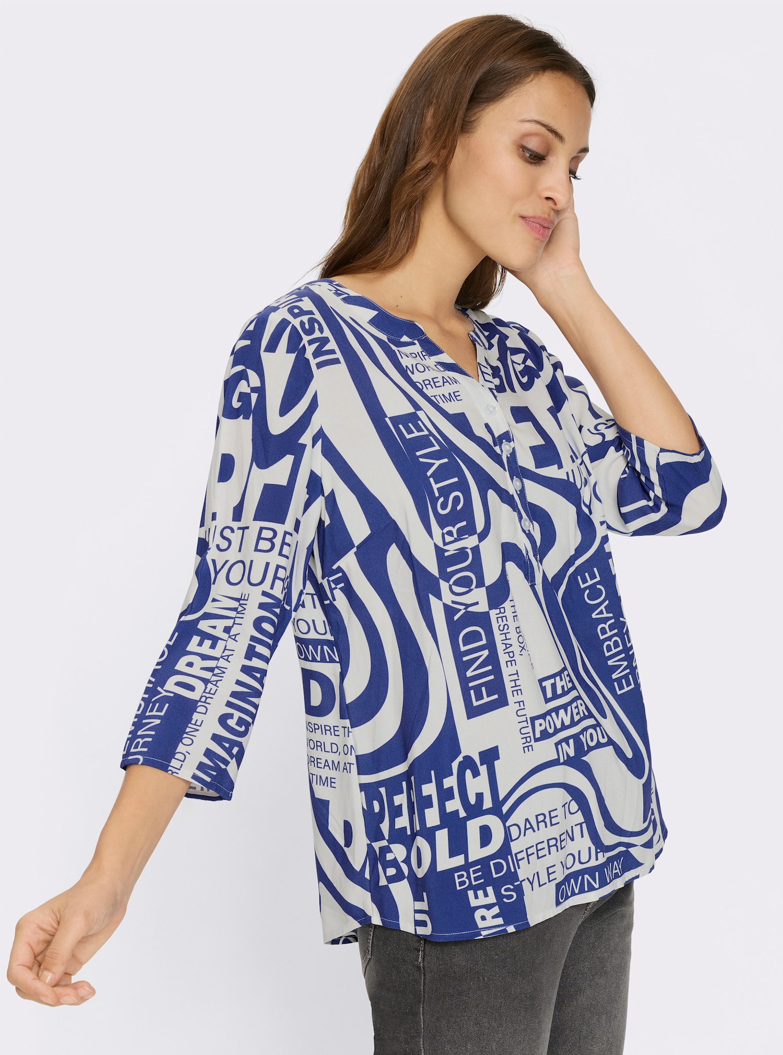 Schlupfbluse im Lettering-Druck - weiß-royalblau-bedruckt