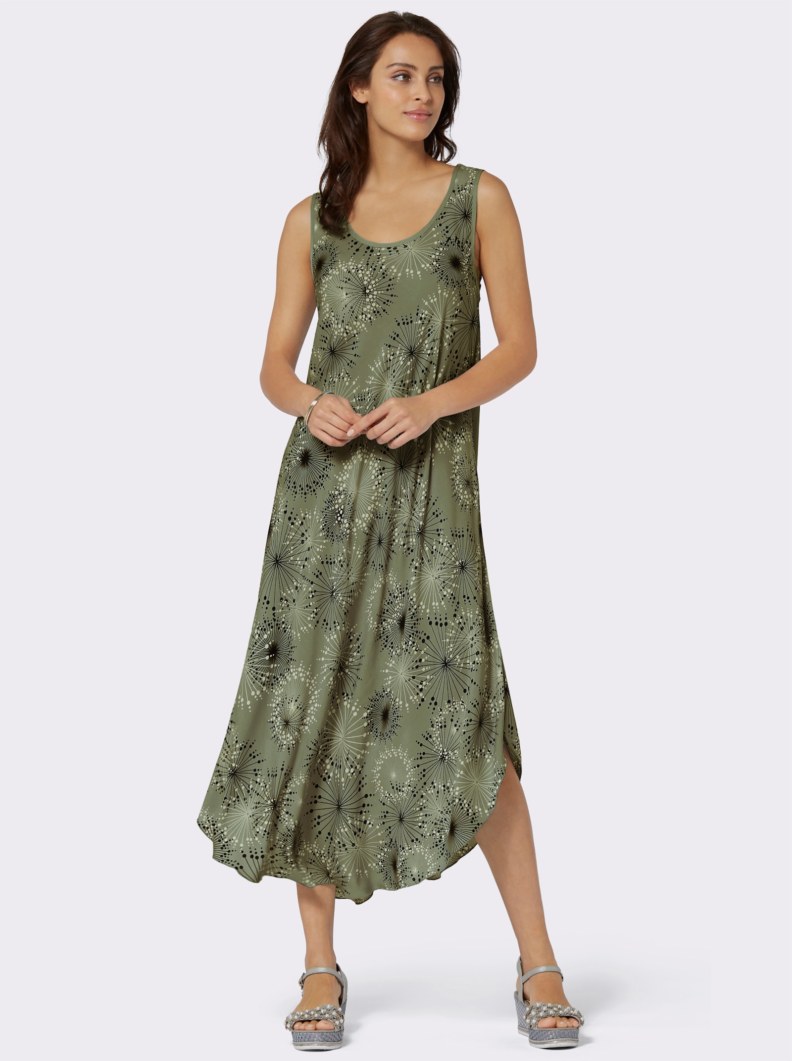 Smickrande klänning med blomstertryck - khaki-grafit, med tryck