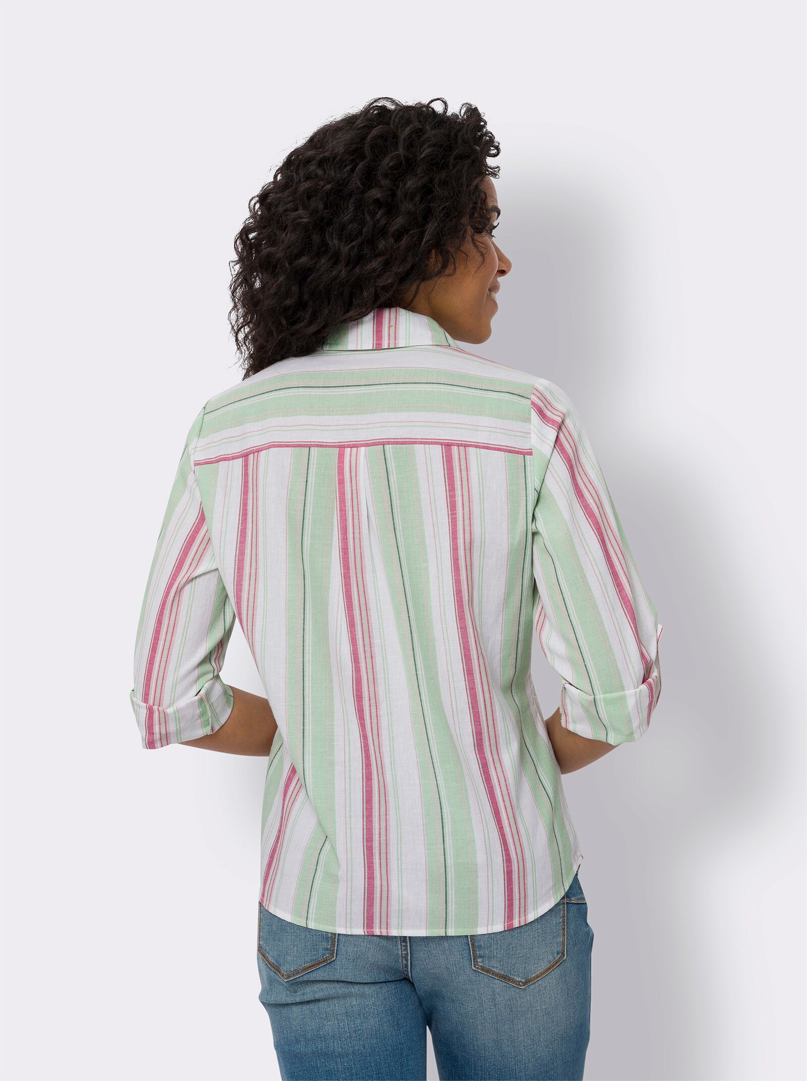 Baumwollbluse mit krempelbaren Ärmeln - ecru-fuchsia-gestreift