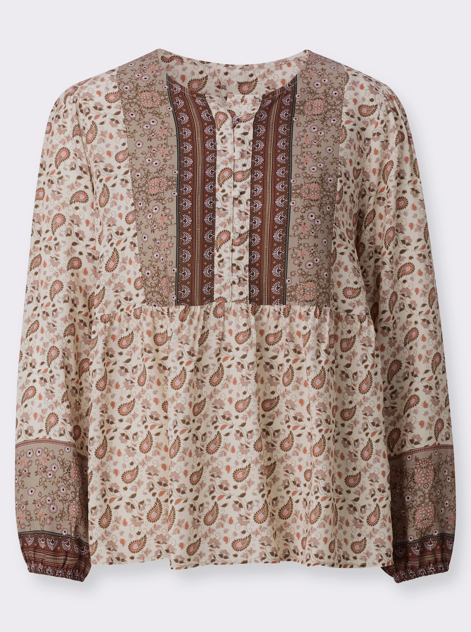 Tunika mit Raffungen an der Rückenpasse - ecru-papaya-bedruckt