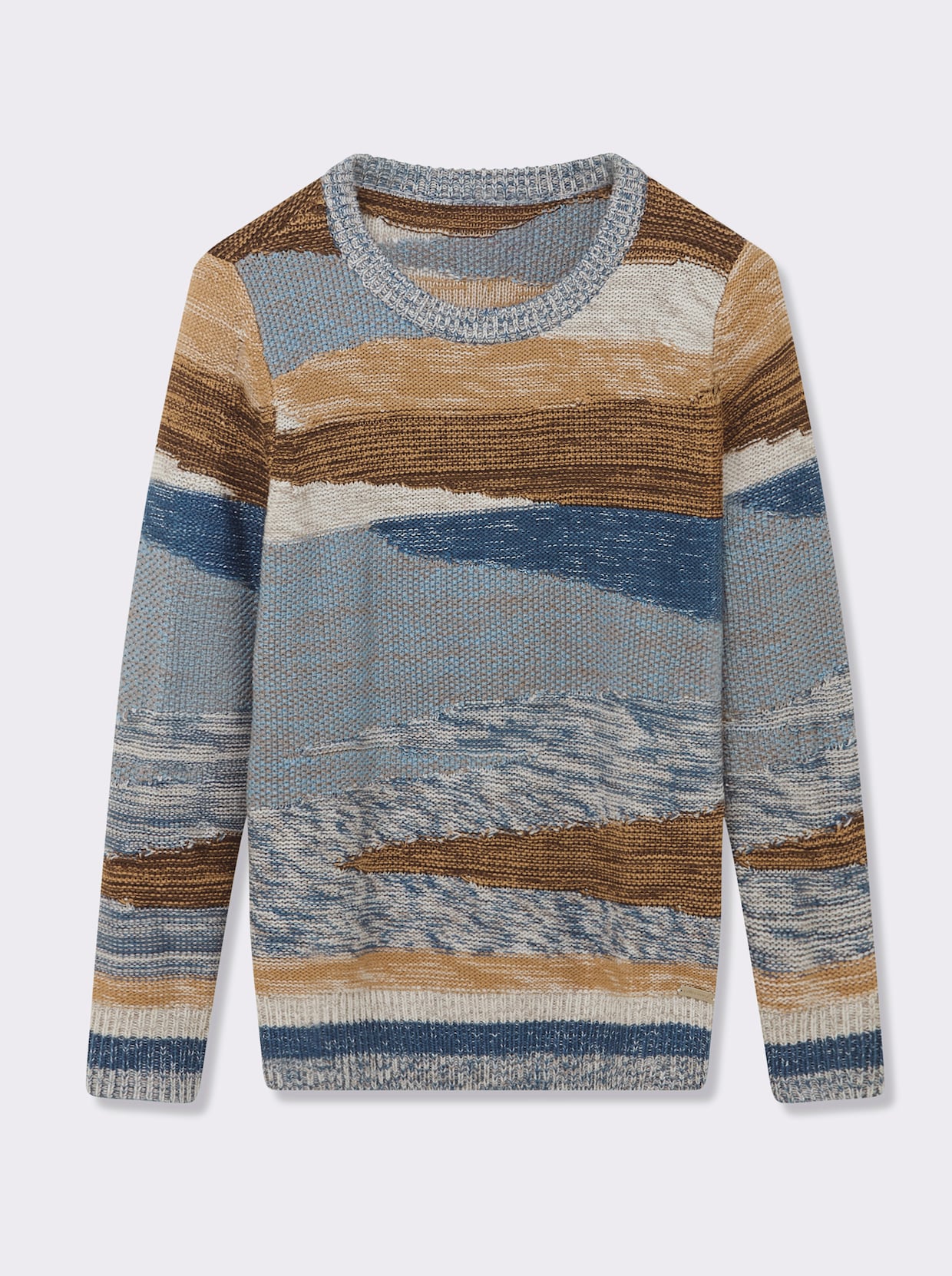 Strickpullover mit farbigen Rippbündchen - jeansblau-taupe-gemustert