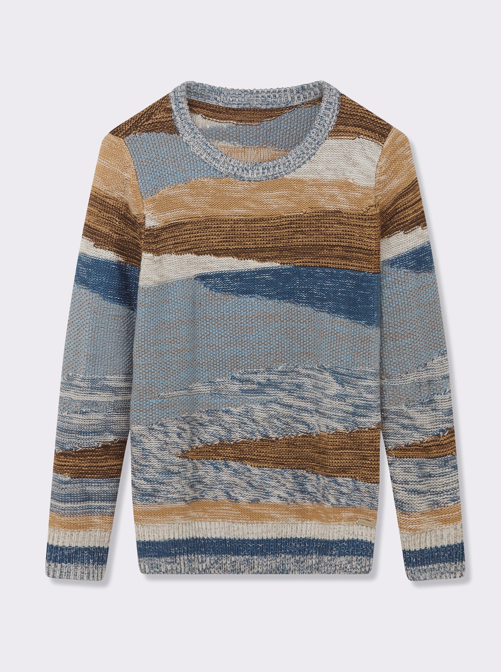 Strickpullover mit farbigen Rippbündchen - jeansblau-taupe-gemustert