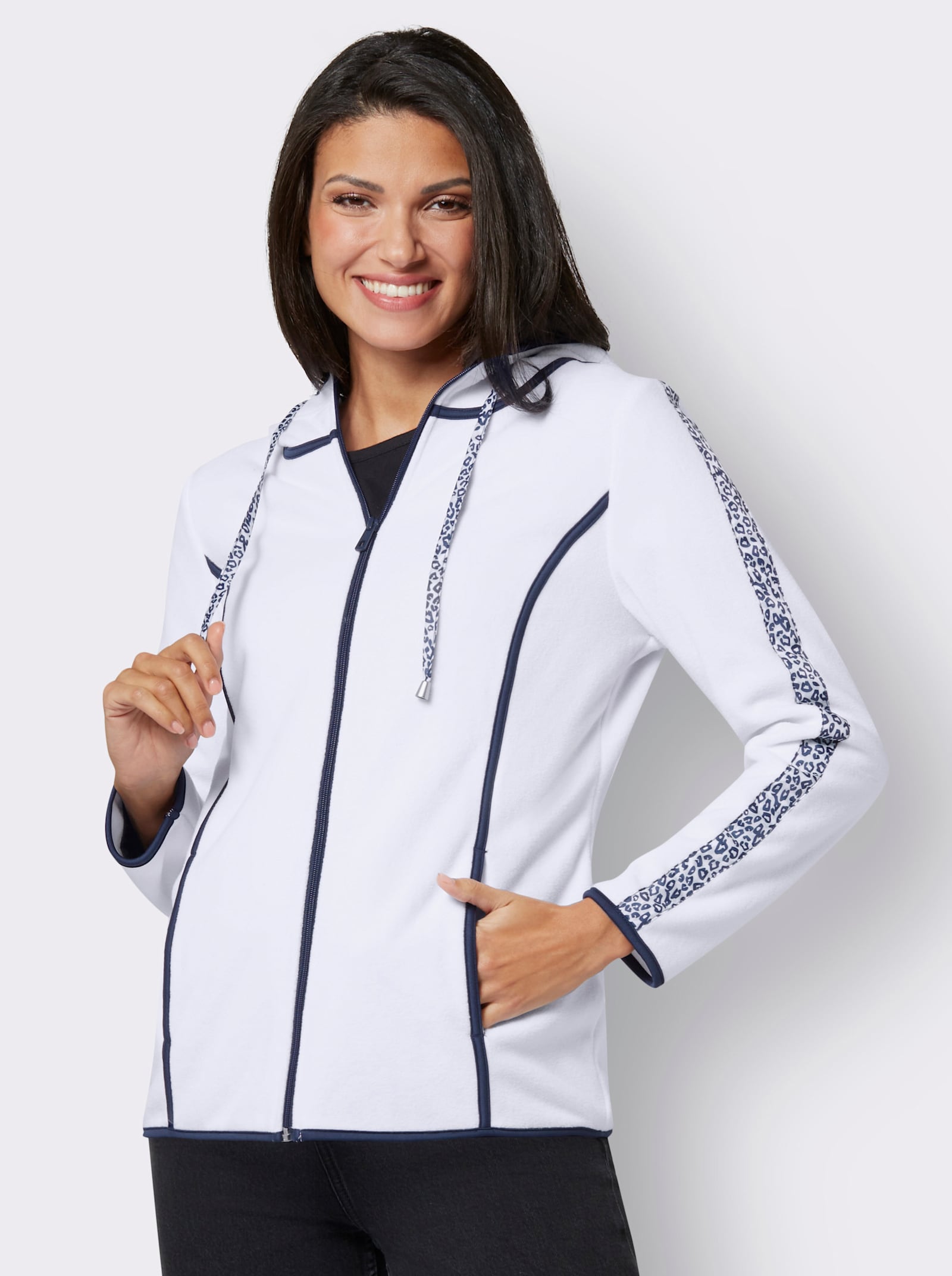 Fleecová bunda se vzorovaným ozdobným páskem - ecru-námořnická modrá