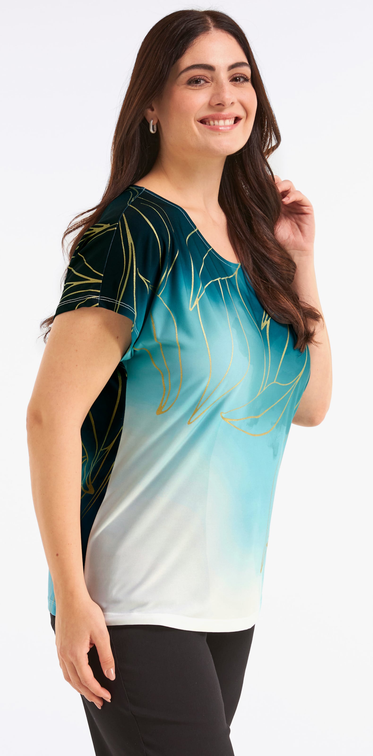 Print-Shirt mit Foliendruck - petrol-goldfarben-bedruckt