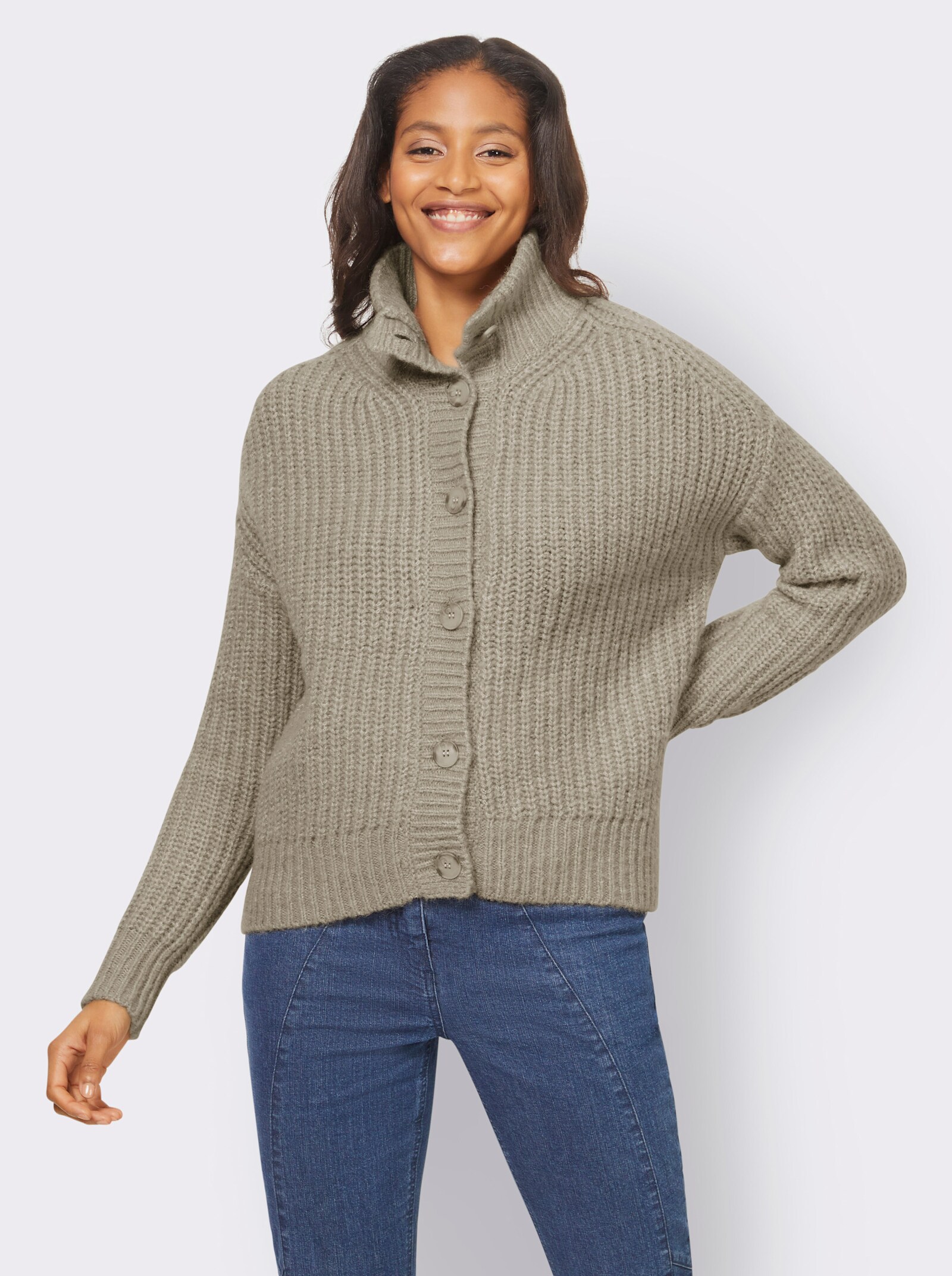 heine Strickjacke mit variablem Kragen - schlamm-meliert