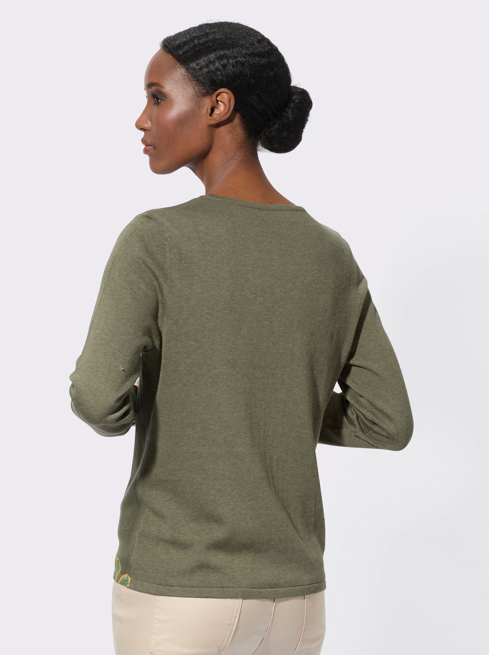 Pull à encolure ronde en qualité tricot fin - kaki-roseau imprimé