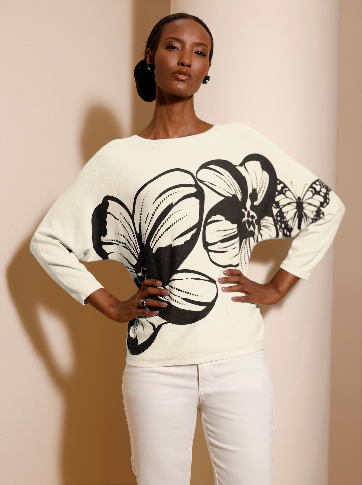 Feinstrickpullover - champagner-graphit-bedruckt