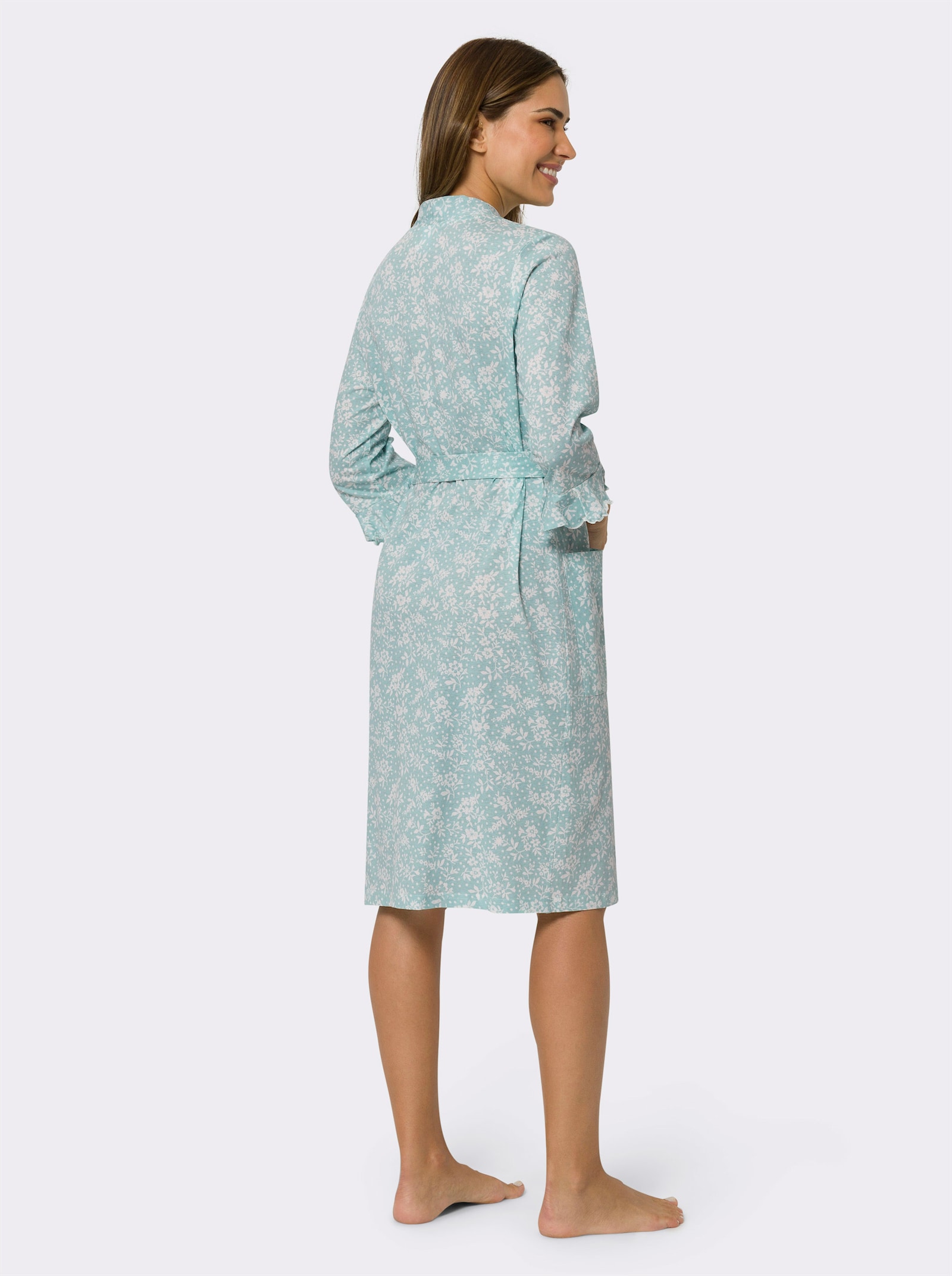 Morgenmantel im Blüten-Dessin - mint-ecru-bedruckt