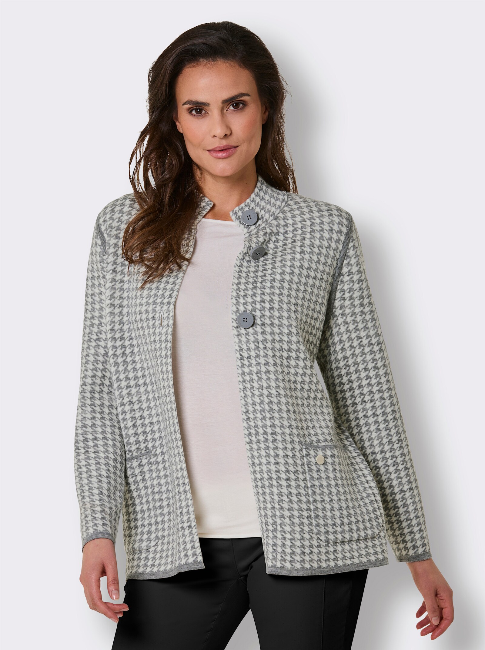 CREATION L PREMIUM Jacquardstrickjacke mit Merinowolle - steingrau-champagner-gemustert