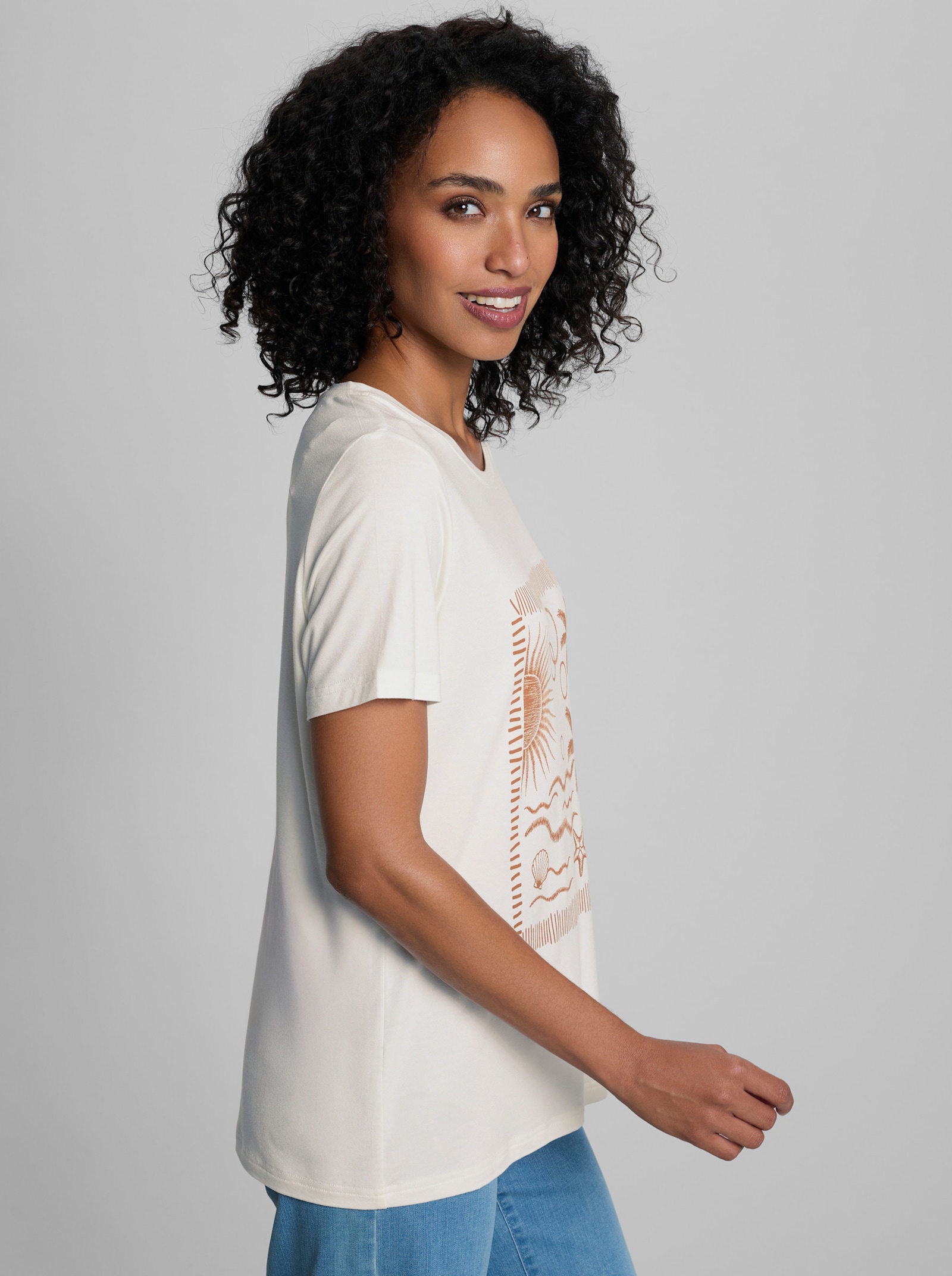 heine Kurzarmshirt mit Strand-Motiv - cognac-ecru-gemustert