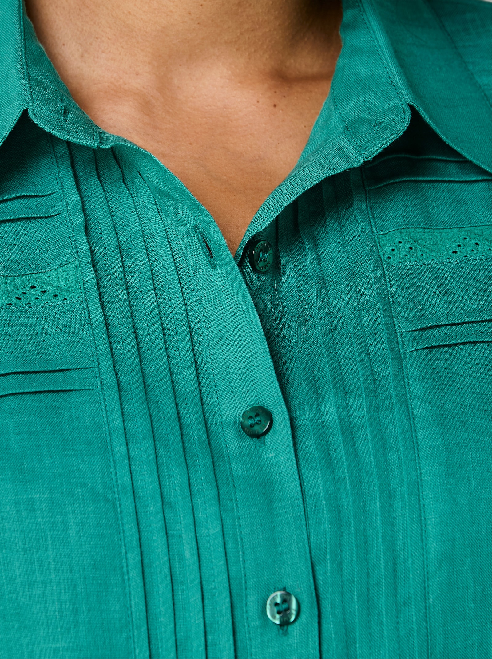 CREATION L PREMIUM Leinenbluse mit Spitze und Biesen - smaragd