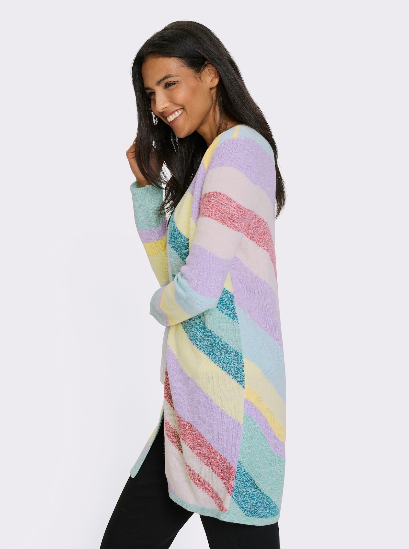 Pletený kabátek dlouhého, otevřeného střihu - modrozelená-levandulová-vzor