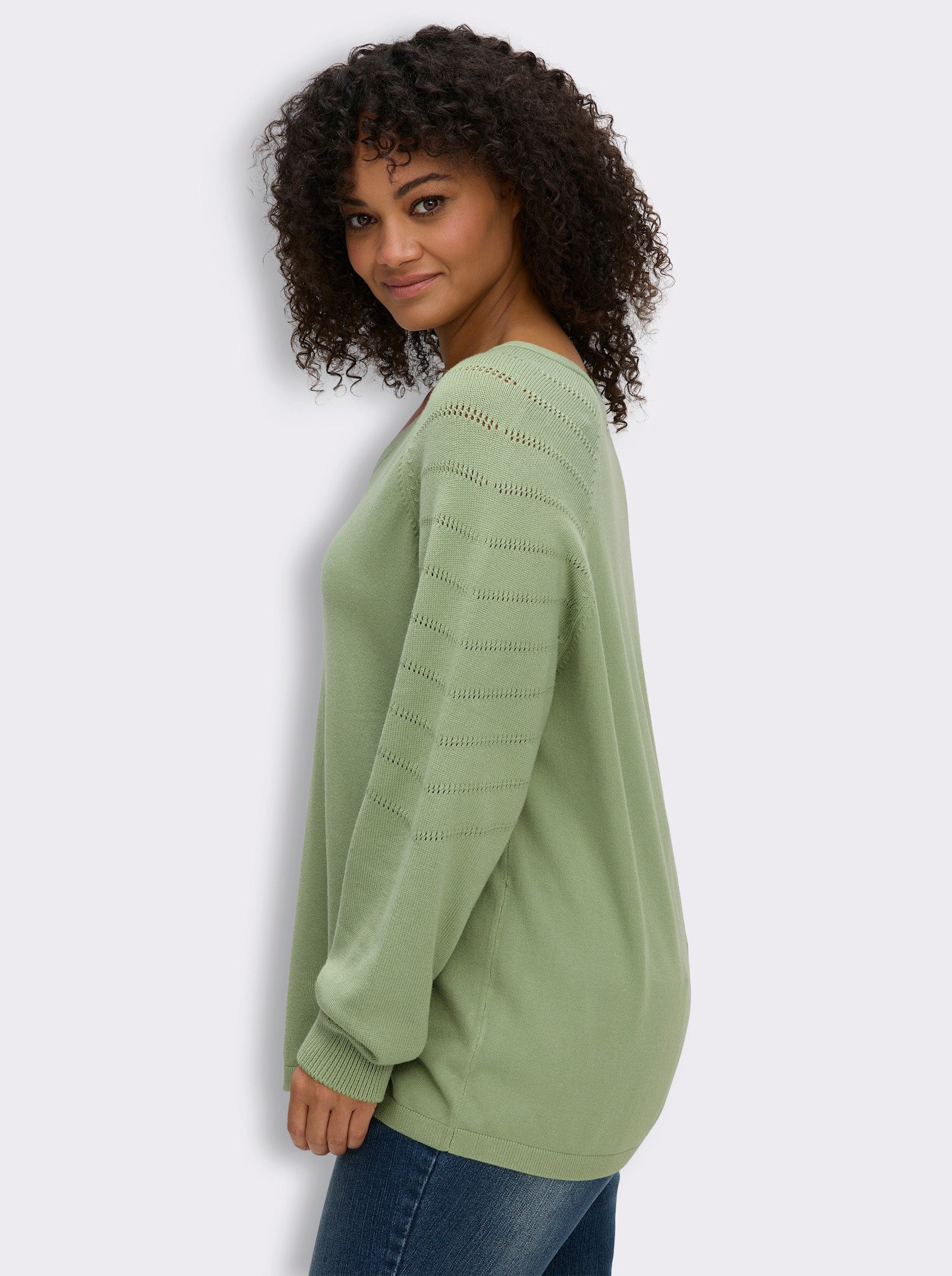 sheego V-Ausschnitt-Pullover mit Ajourmuster-Details - eucalyptus