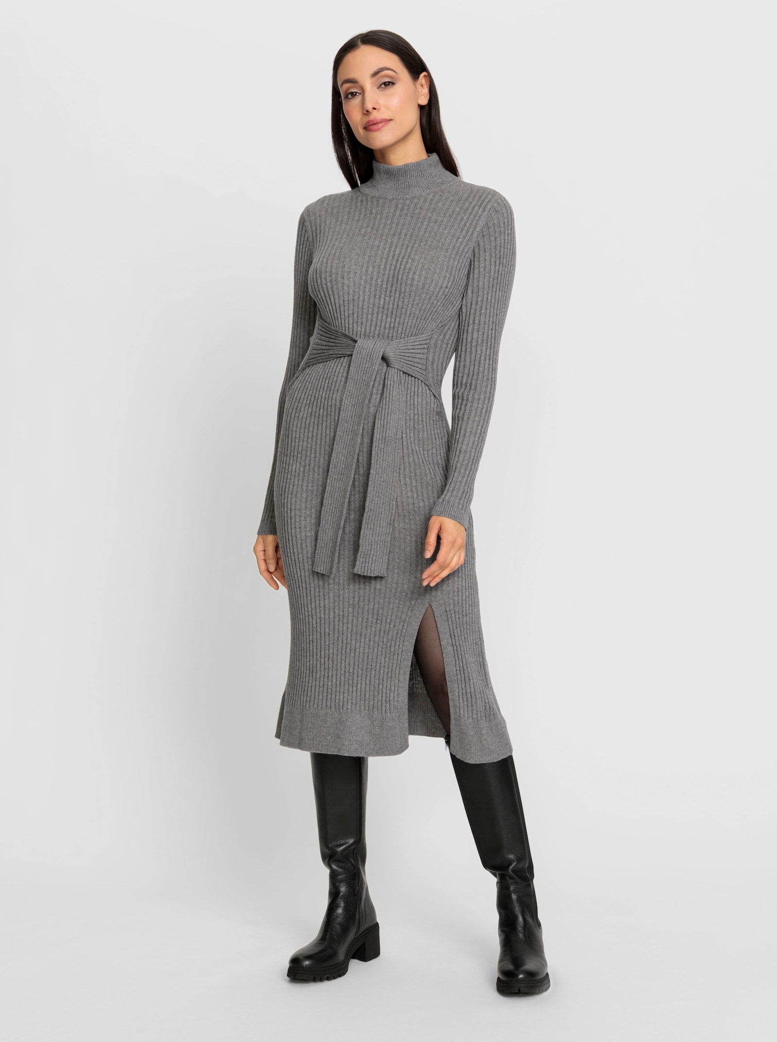 heine Strickkleid mit fixiertem Bindegürtel - grau-champagner-meliert