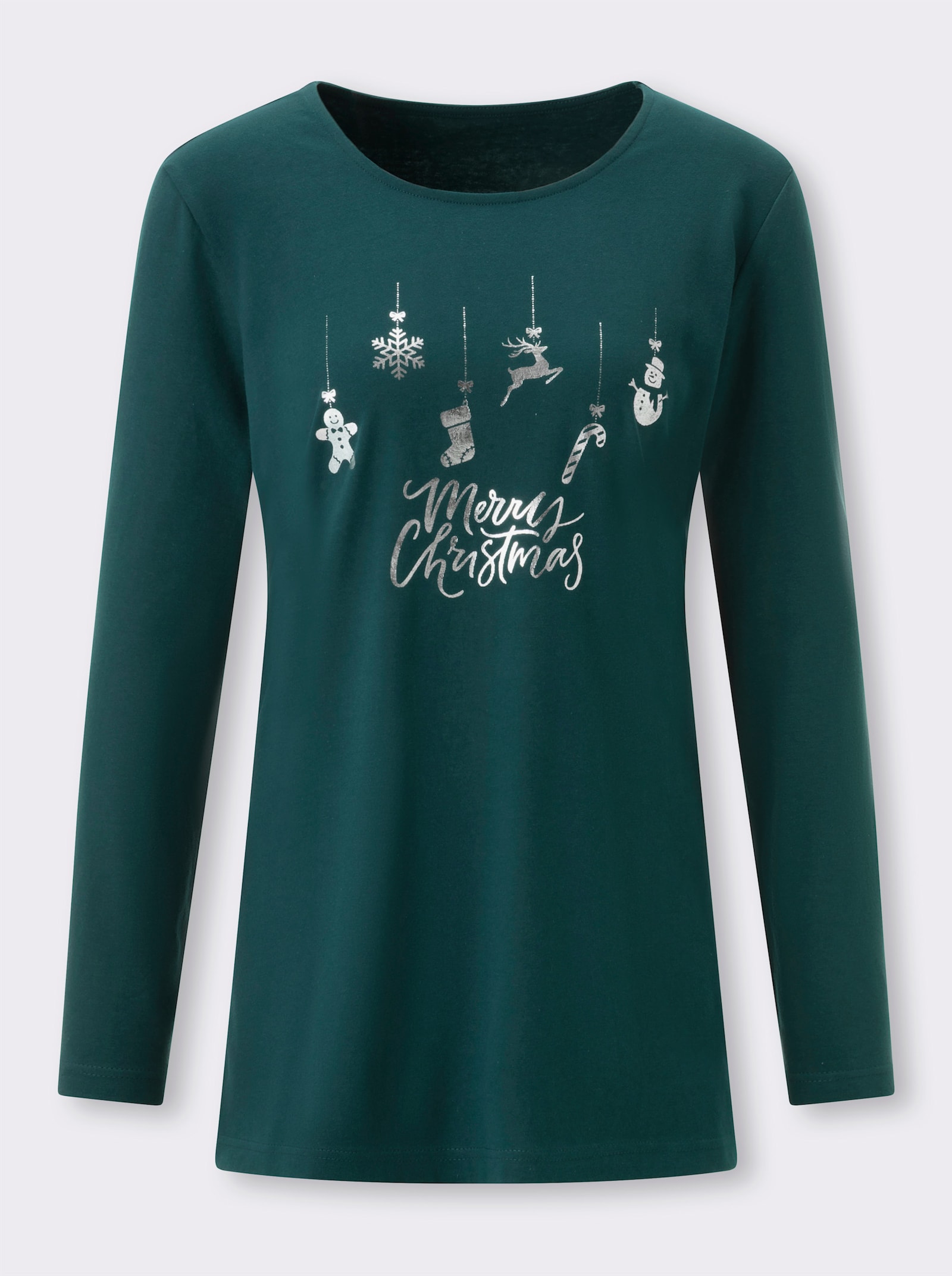 Longshirt mit schimmerndem Weihnachts-Motiv vorne - petrol