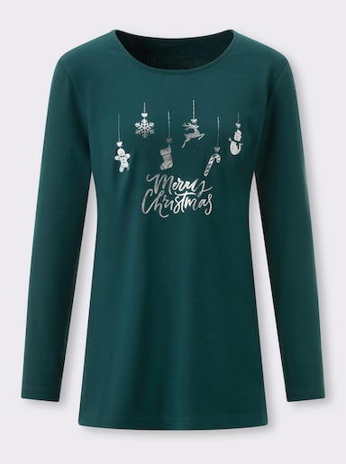 Longshirt mit schimmerndem Weihnachts-Motiv vorne - petrol