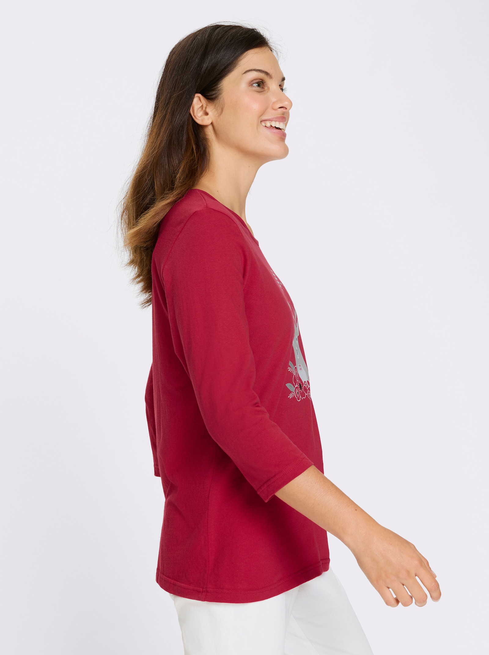 Shirt met 3/4-mouwen en hertenmotief - rood/wit geprint