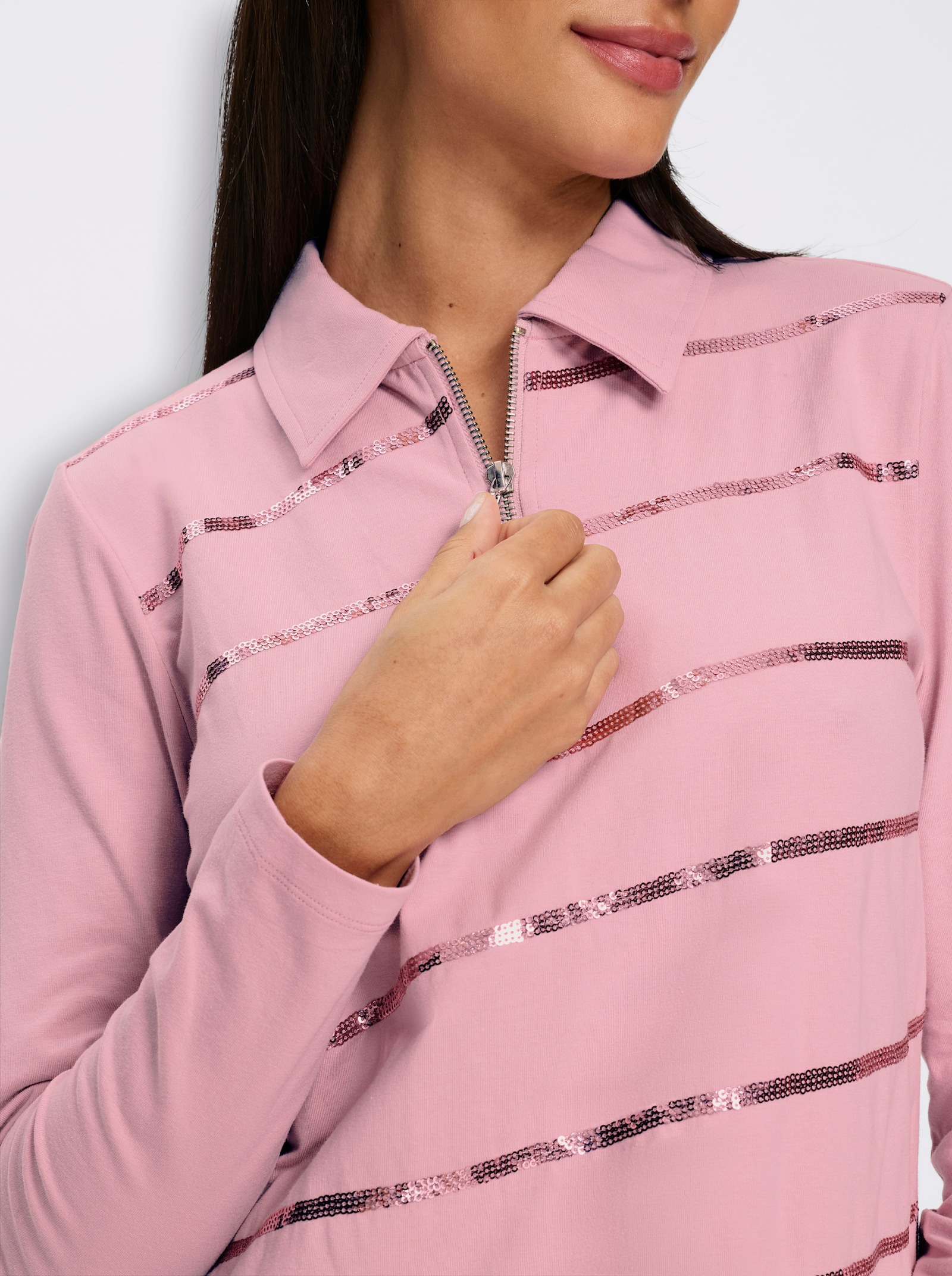 heine Langarm-Poloshirt mit Pailletten - rosé