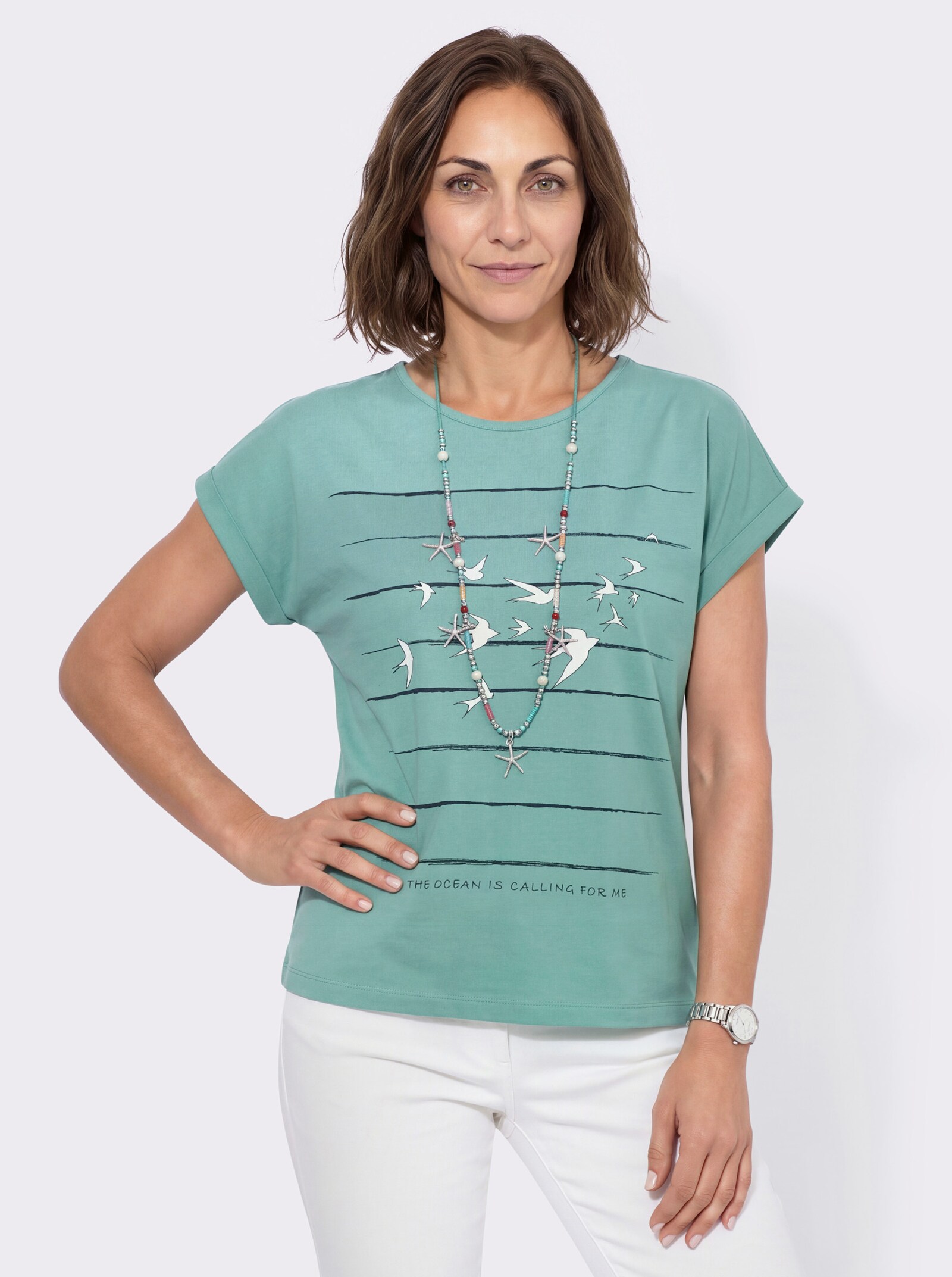 Print-Shirt mit überschnittenen Schultern - salbei-marine-bedruckt