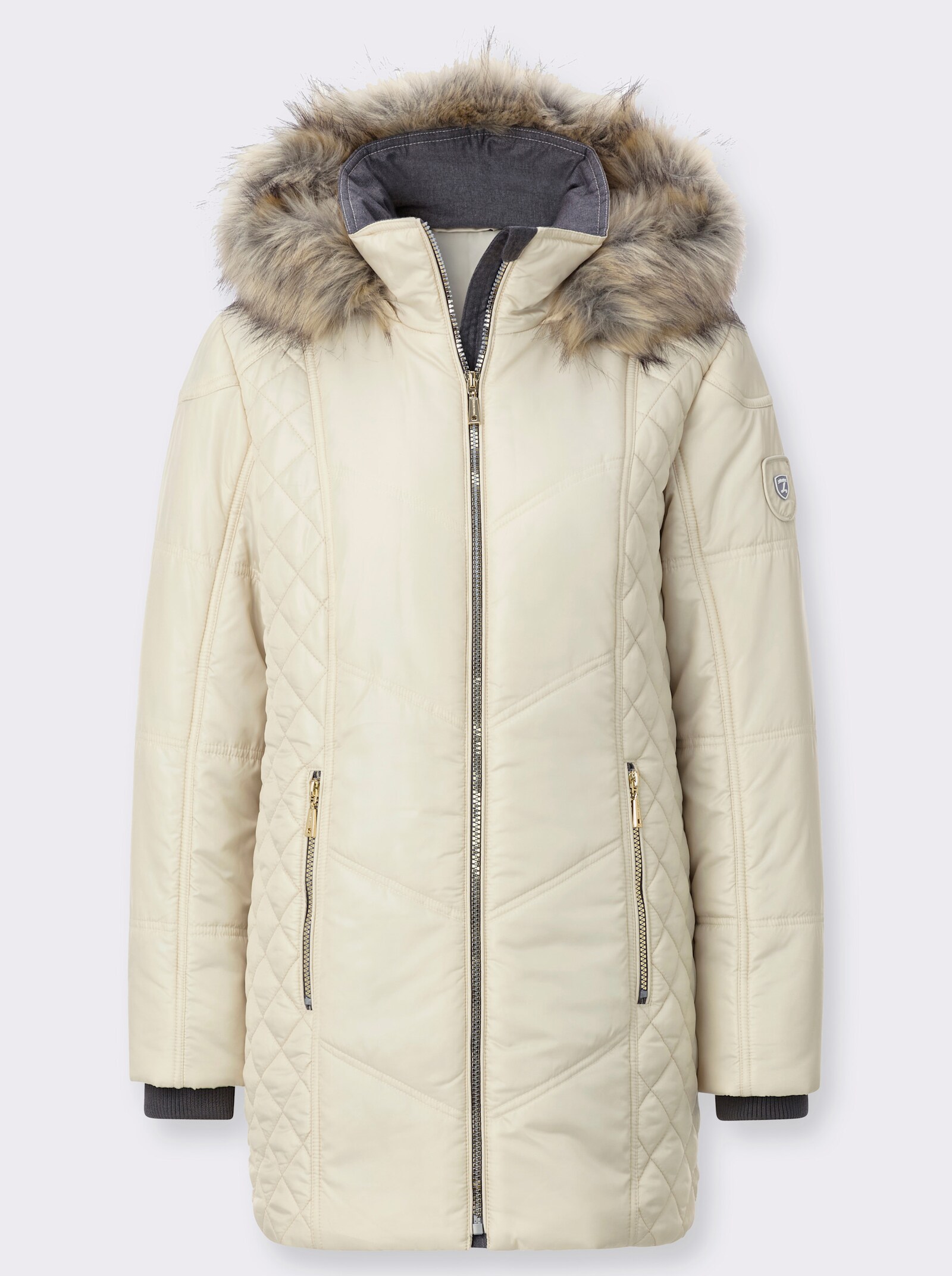 Steppjacke mit Kapuze mit Pelz-Imitat - sand
